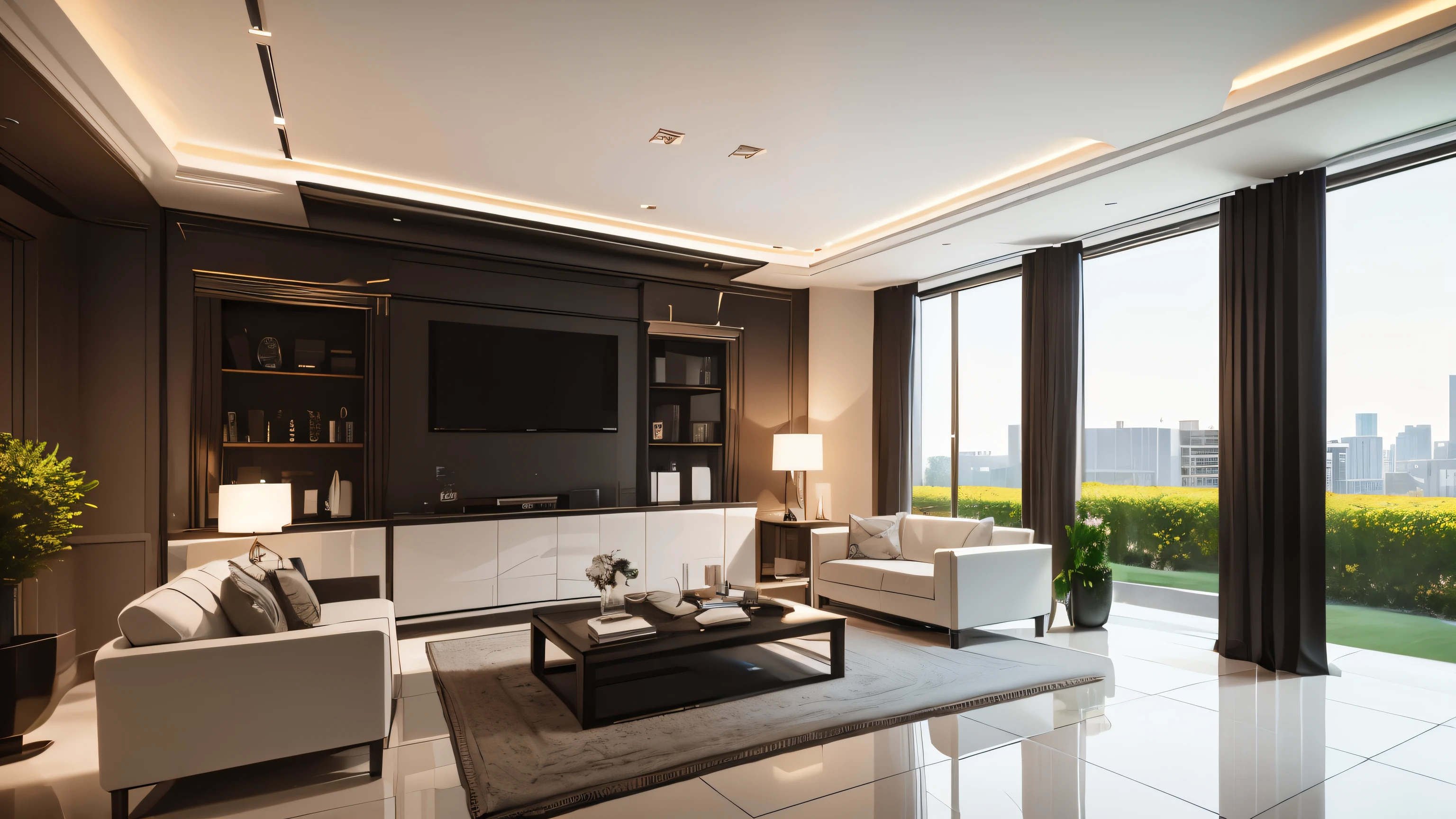 you are a famous interior designer、I was asked to create a 3D image of a large modern room.。. Create a harmonious environment with modern and minimalist furniture. Including garden interior.