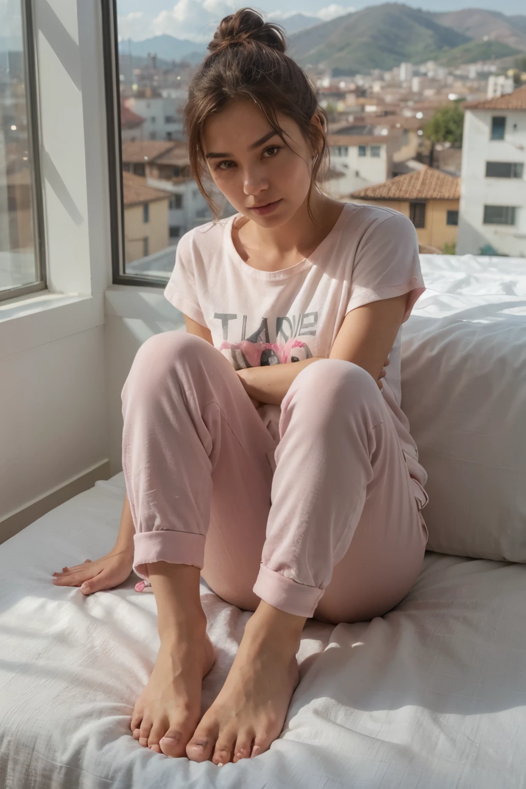 ((Mejor calidad)), ((Obra maestra)), (detallado), cara perfecta, woman looking through the window, good morning, just woke up, city landscape, city without buildings, Cusco, top view, dressed in pajamas, t-shirt only white and pink pants, bare feet, full bodies, hair up, great detail, realistic