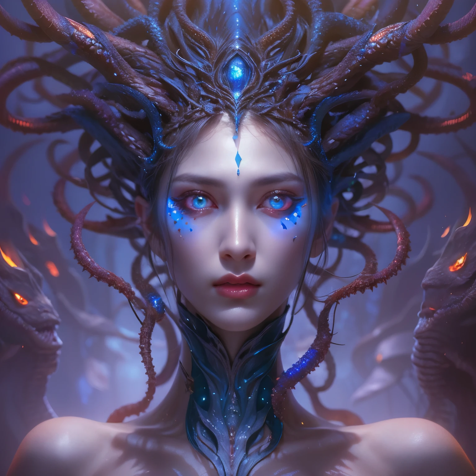 (1 female medusa-like mutant: 1.2), With a beautiful, enchanting face, this alien seduces us with her allure. Her captivating red eyes gleam brightly, reminiscent of burning embers. Her full body is unlike any human's, boasting a sexy, otherworldly form. No humans are present in this scene as she stands alone, her cells fused in a unique and intriguing extraterrestrial way.
(extraordinary beautiful nude photo:1.4), (glowing Sapphire eyes:1.5), (sexy and glamorous:1.1), (coquettish expression:1.2), toned lean body, (muscular:1.2), (beautiful abs:1.5), beautiful nipples,  She has lots of iridescent translucent tentacles instead of her hair, pale skin, (white skin with prominent veins:1.3), moist skin,
Lots of iridescent translucent tentacles adorn her body, shimmering under the dramatic lighting. Her pale skin, with a hint of translucency, adds to her ethereal allure. This masterpiece, rendered in