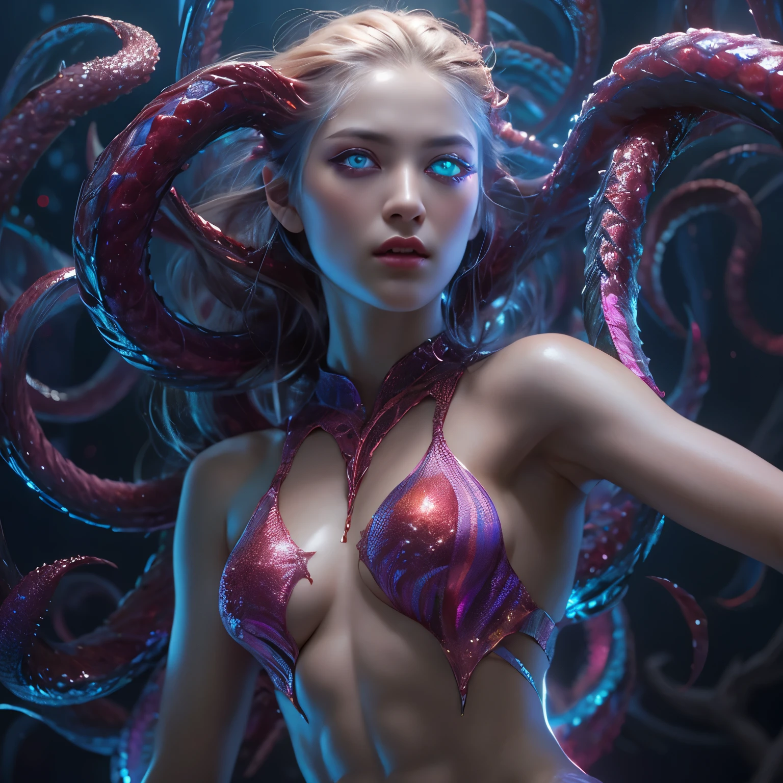 (1 female medusa-like mutant: 1.2), With a beautiful, enchanting face, this alien seduces us with her allure. Her captivating red eyes gleam brightly, reminiscent of burning embers. Her full body is unlike any human's, boasting a sexy, otherworldly form. No humans are present in this scene as she stands alone, her cells fused in a unique and intriguing extraterrestrial way.
(extraordinary beautiful nude photo:1.4), (glowing Sapphire eyes:1.5), (sexy and glamorous:1.1), (coquettish expression:1.2), toned lean body, (muscular:1.2), (beautiful abs:1.5), beautiful nipples,  She has lots of iridescent translucent tentacles instead of her hair, pale skin, (white skin with prominent veins:1.3), moist skin,
Lots of iridescent translucent tentacles adorn her body, shimmering under the dramatic lighting. Her pale skin, with a hint of translucency, adds to her ethereal allure. This masterpiece, rendered in