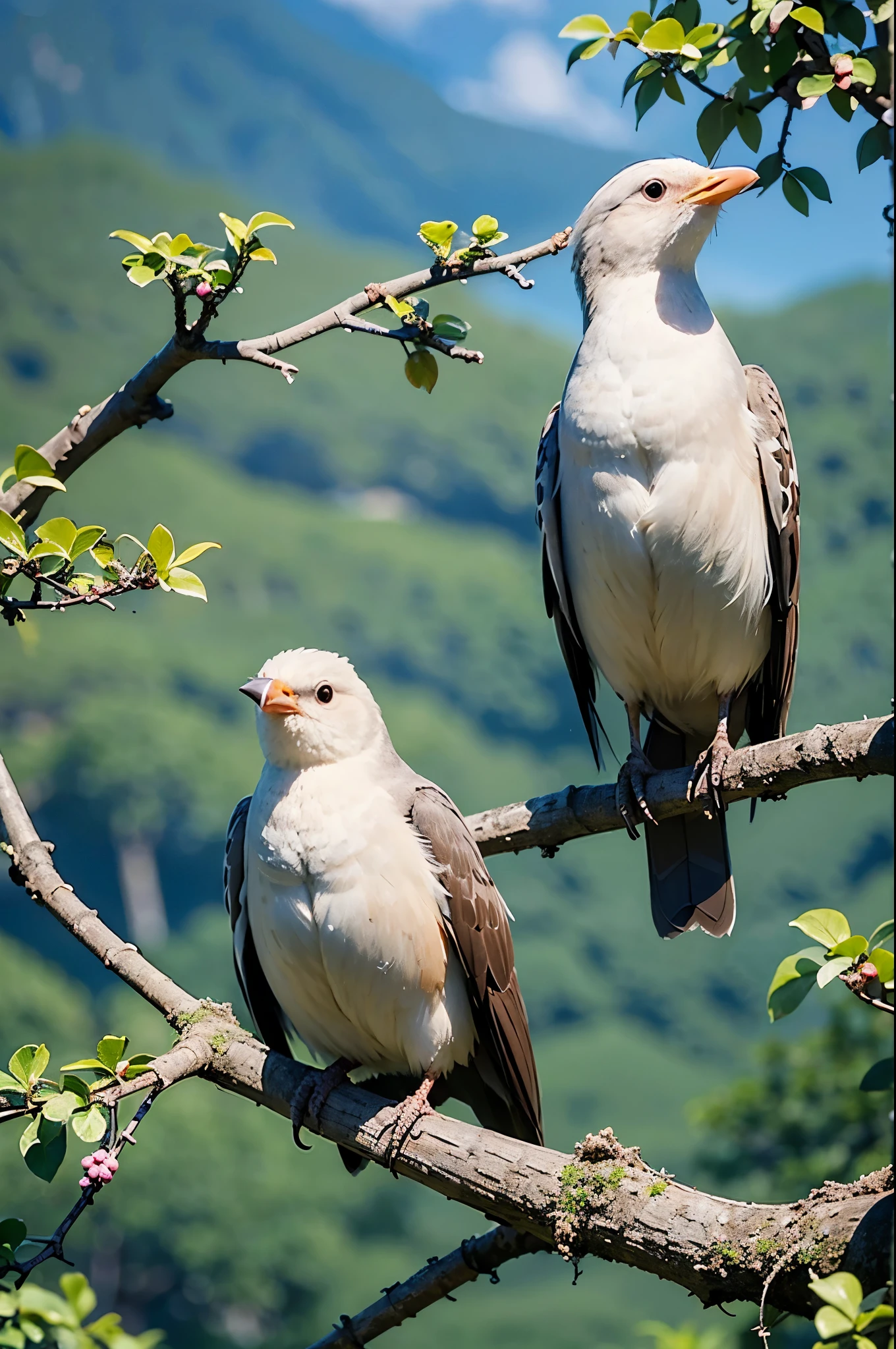 clear sky、deep in the mountains、background blur、Two birds perched on one branch looking friendly、