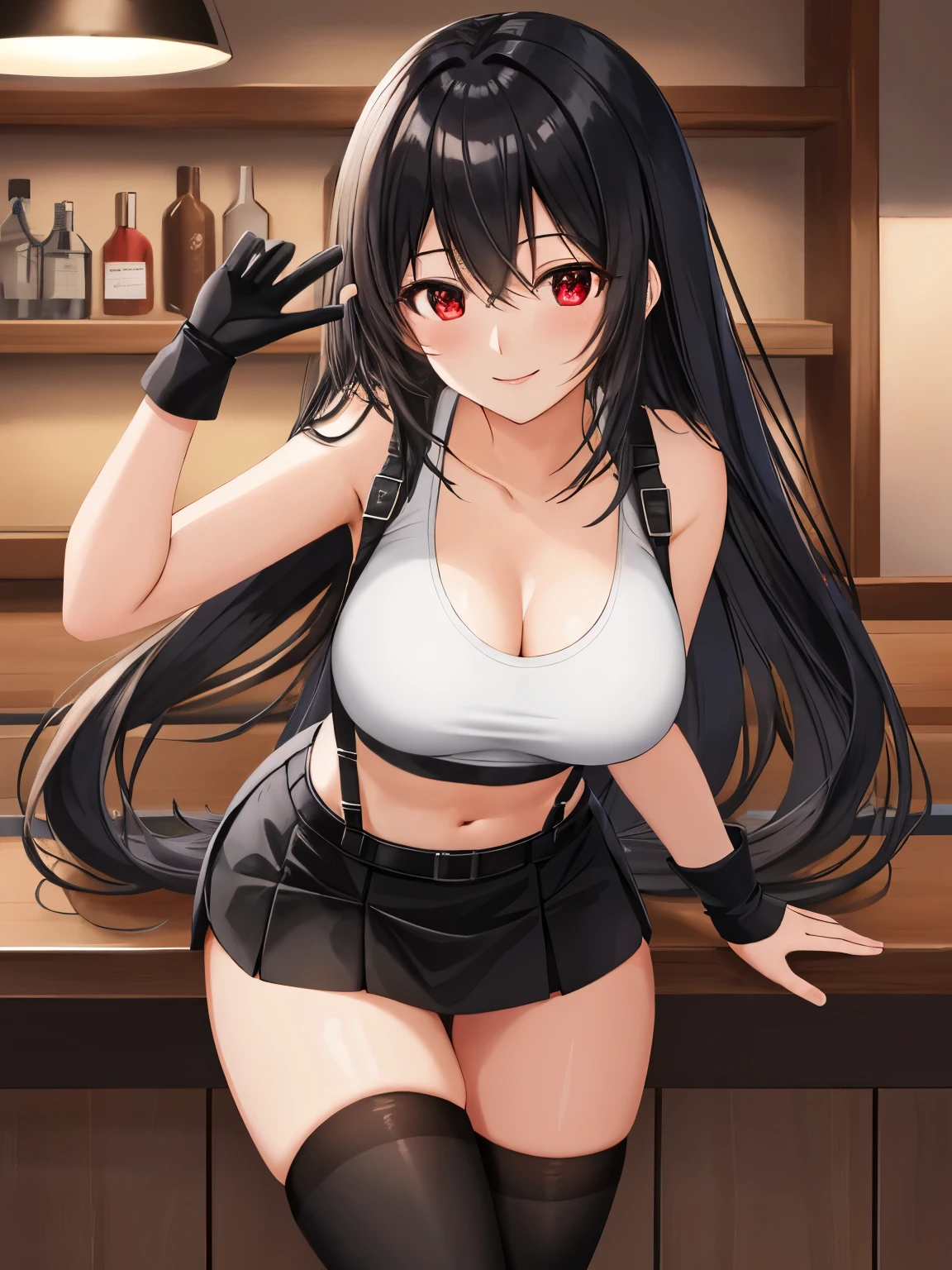 highest quality, ultra-be familiar with, High resolution, extremely be familiar with CG, unity 8k wallpaper, super be familiar with skin, be familiar with, dynamic lighting, beautiful be familiar with eyes, Tifa FF7, 1 girl, alone, looking at the viewer, blush, seductive smile, white tank top, black skirt, suspender skirt, abdomen, black stockings, red gloves, good, zettai ryouiki, bent down, head tilt, bar counter, show panties, dynamic angle, dynamic pose, red eyes, smile,