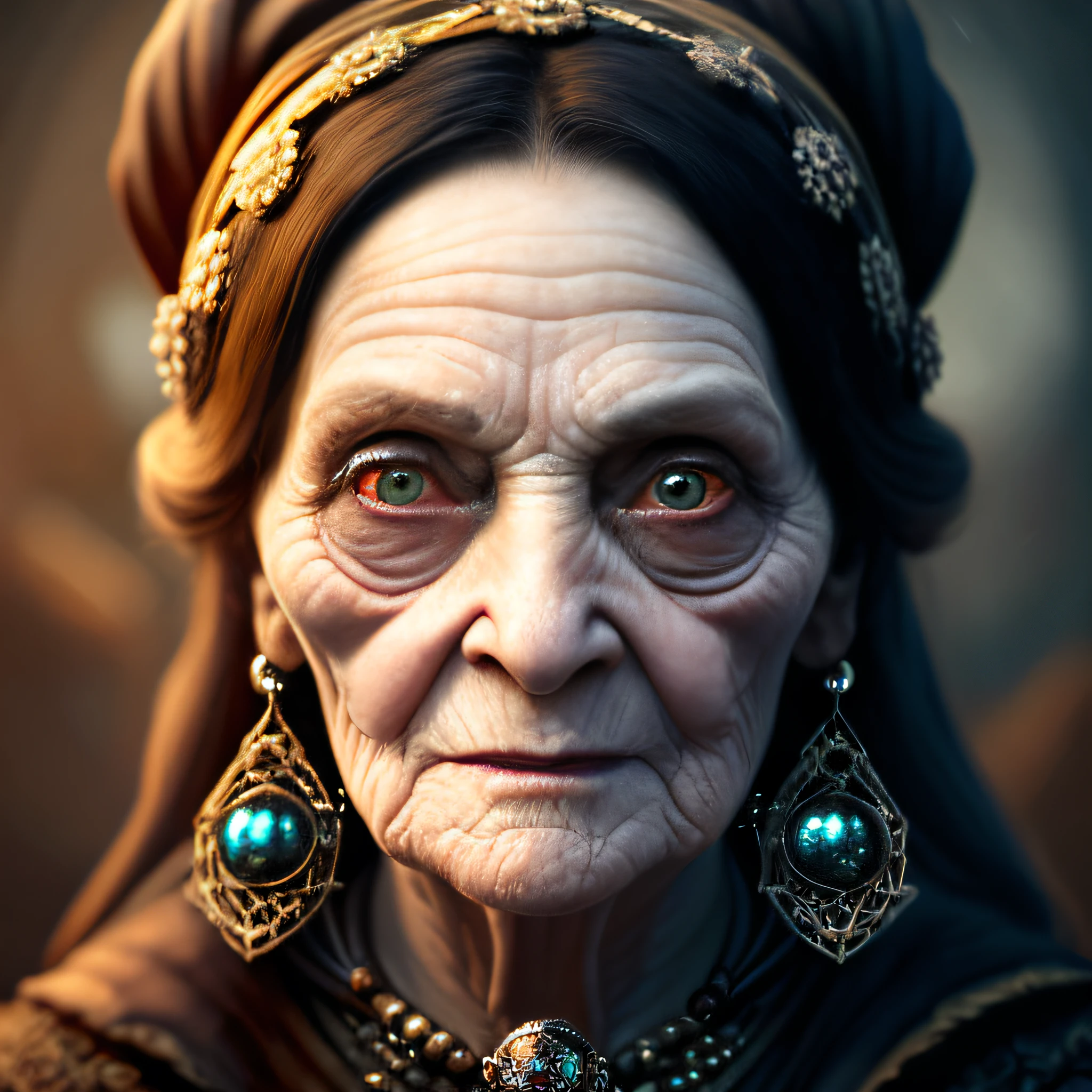 highly detailed photo of a comic portrait of Old woman necromancer with big and cute eyes, fine - face, realistic shaded perfect face, fine details. night setting. slate atmosphere, cinematic, dimmed colors, dark shot, muted colors, film grainy, lut, insane details, intricate details,