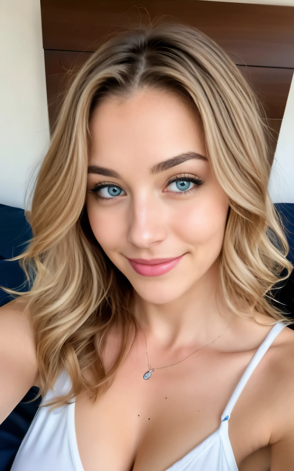 Jolie belle blonde en pyjama sexy faisant un selfie (dans un lit), Selfie, tief geschnitten, sehr detailliert, , Gesicht unschuldig, naturally wavy hair, yeux bleus, high resolution, tMeisterwerk, best quality, Komplizierte hohe Detailgenauigkeit, sehr detailliert, scharfer Fokus, detaillierte Haut, realistic skin Textur, Textur, Detaillierte Augen, Fachmann, 4K, Charming smile, aufgenommen mit Canon, 85 mm, Slight depth of field, Kodak Vision Couleur, Perfectly fitting body, extremely detailed, Fotografier_\(Ultra\), Fotografierrealiste, Realstic, Nachbehandlung, maximale Details, Rauheit, wahres Leben, Ultrarealistic, Fotorealismus, Fotografie, 8K UHD, Fotografie