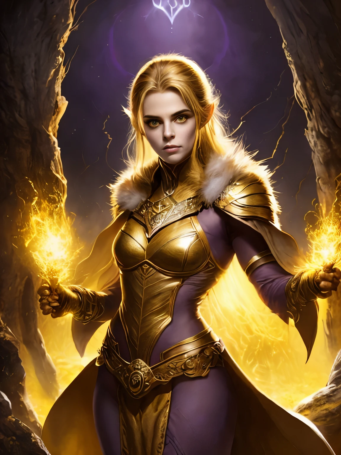 (Realistic:1.2), midshot, (cel-shading style:1.3), centered image, ultra detailed illustration of female elf posing, golden hair, (shining gold freckles), inkpunk, (ink lines:1.1), strong outlines, bold traces, unframed, high contrast, (cel-shaded:1.1), vector, 32k resolution, best quality, flat colors, flat lights, summer eladrin elf, winter scene, brown leathers and furs, woman, warm skin, ((Yellow glowy eyes)), dark, warlock, (purple thunder magic in hand), dungeons and dragons