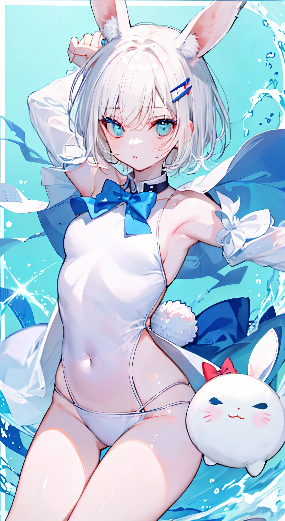 "(perfect masterpiece:1.2), (highest quality:1.2), stunning face, mature and chubby, Big eyes, compensate, long and luxurious eyelashes, lip whole, irresistible charisma.",belly button,(((girl like boy))),(((very short hair))),腹logic,raised his arms,NSFW,(((logic))),white leotard,Bunny girl,hair clip,wallpaper,white hair,small breasts,pixie cut,rabbit ears