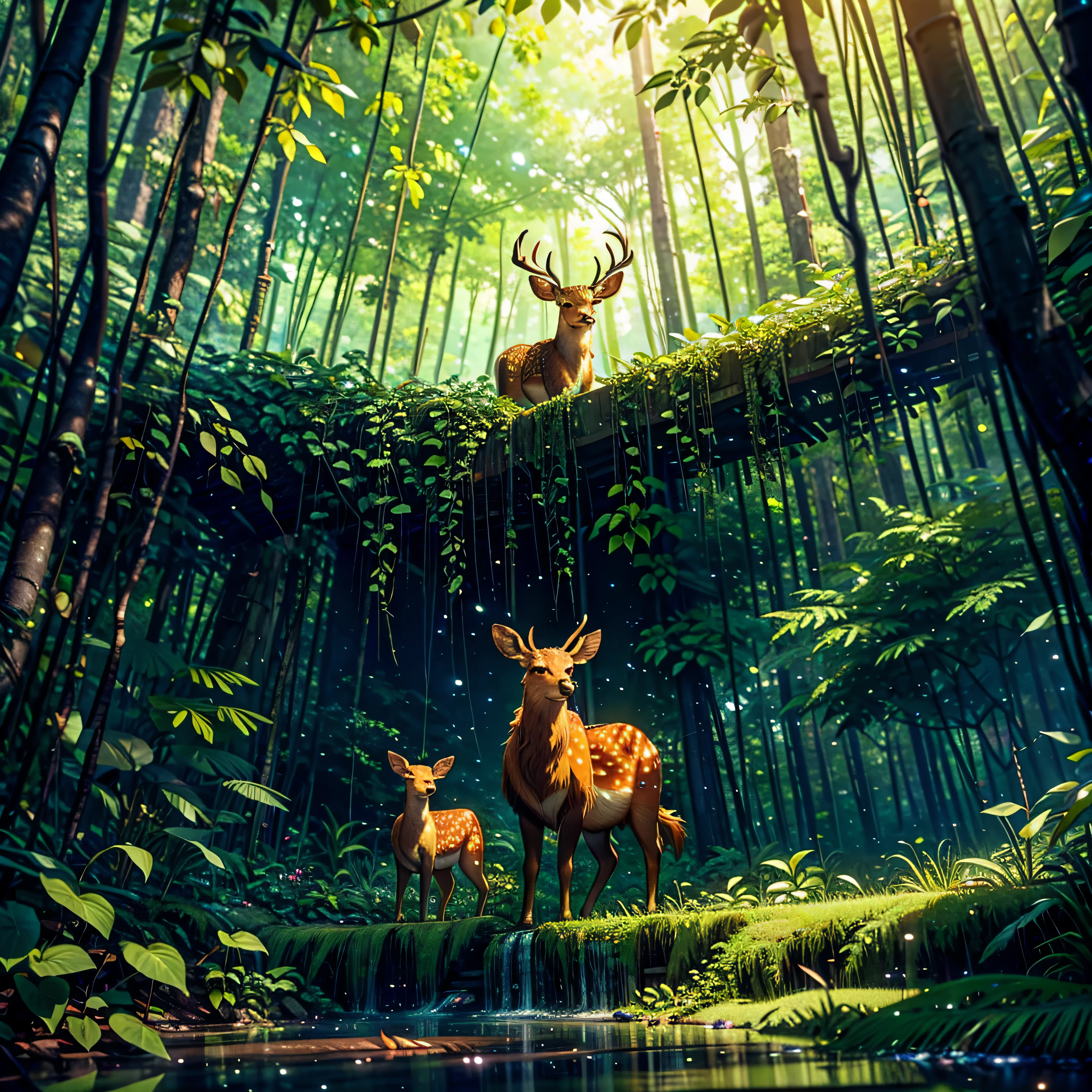 Deer in forest, tMasterpiece, best quality, (very detailed CG unity 32k wallpaper), (epic best quality), (best illustration), (best shadows), glow sprite, with a golden deer, gorgeous Cernunos in the swimming pool Drinking water, natural elements in the forest theme. Mysterious forest, beautiful forest, nature, surrounded by flowers, delicate leaves and branches surrounded by fireflies (natural elements), (jungle theme), (leaves), (twigs), (fireflies), (particle effects) etc. 3D, Octane rendering, ray tracing, super detailed, varied multi etc. --v6 --s1000 --c20 --q5 --chaos100