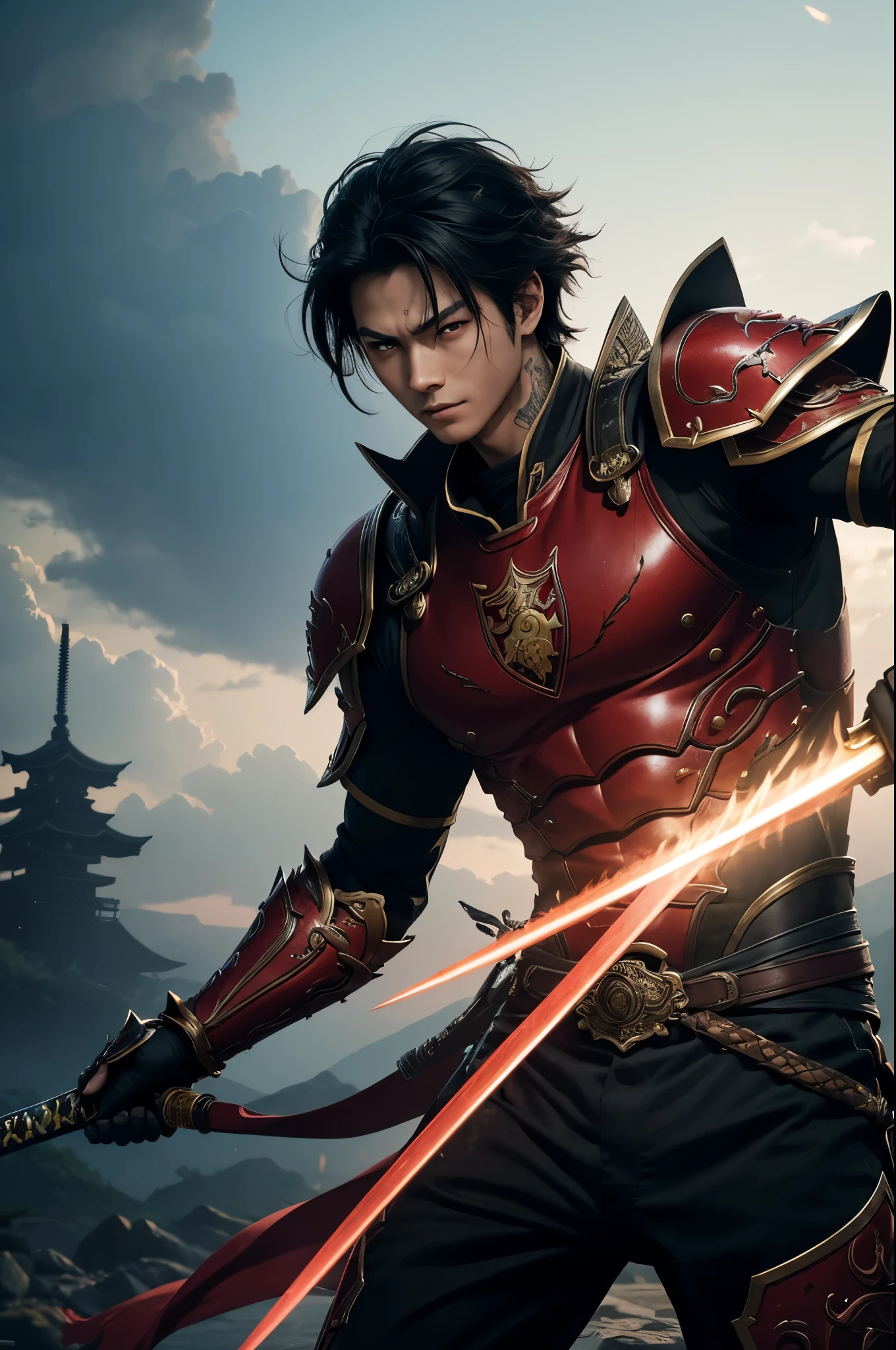 8k、alone、 boy,Super beautiful teenager(like the real thing),red eyes(red glowing effect),Super beautiful teenager,black bob hair,black devil blade armor,black pants(devil's emblem embroidery),golden decoration,heading there、long and large Japanese sword,demon slayer boy,Remains,amazing work of art、wind effect:1.9、cloud effect:1.2、full rendering、Caustic soda coating、unreal engine、1 Japanese sword,An innocent expression,cool boy,ultra high resolution,super realistic skin,Super precise hand details,1Japanese sword and book,fantasy art,smile,battle scene,action scene,action pose,fighting style,Photorealistic RAW photos of the highest quality。Backlight, cinematic lighting, film grain, to be born, 50mm lens, Nikon D850,realistic skin,fantasy art,character art,ultra high resolution,Macho with a muscular slender body,red devil emblem tattoo on face(Tattoo that glows red),Precise facial details,rock,Throw a long and large Japanese sword,fighting pose,dynamic pose,
