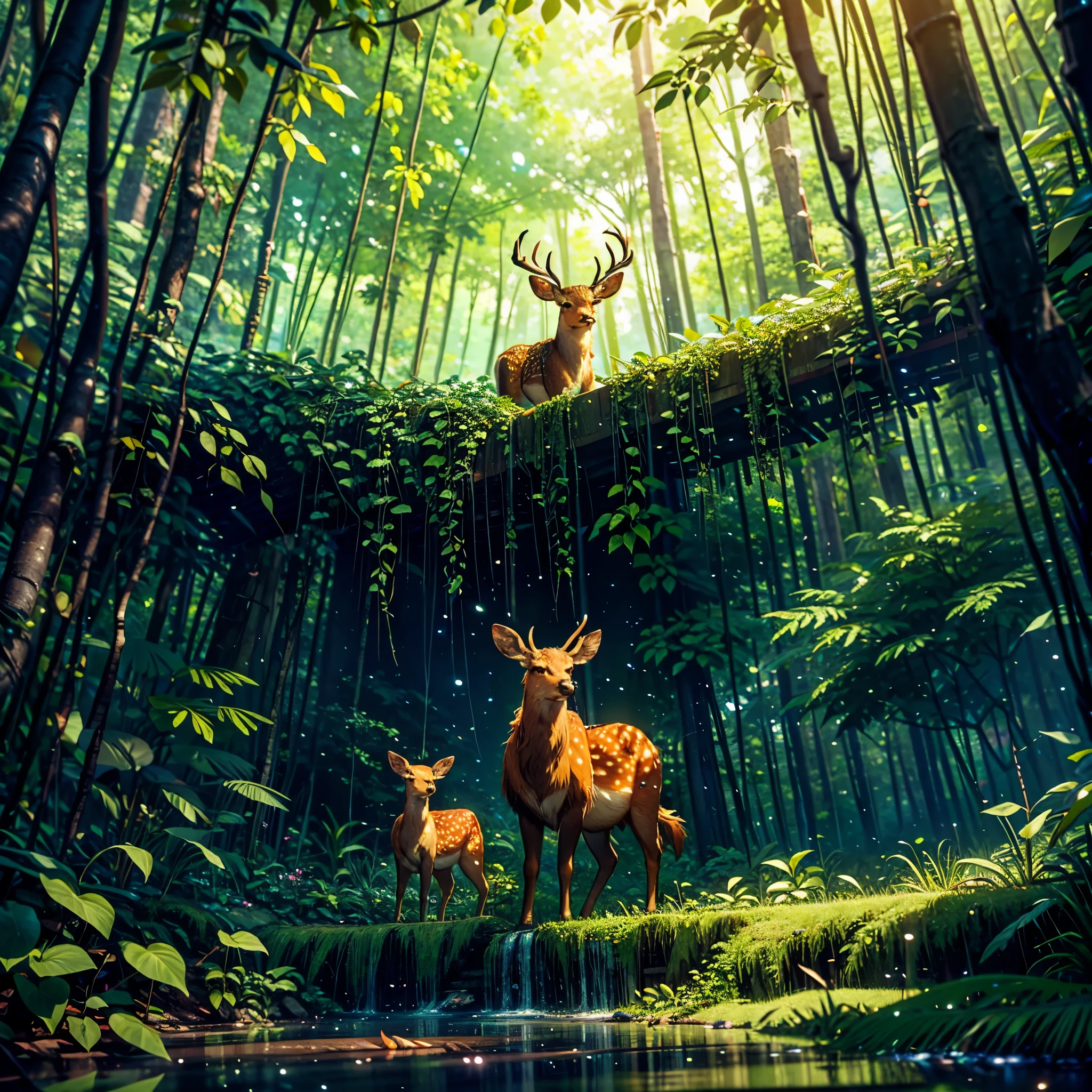 Deer in forest, tMasterpiece, best quality, (very detailed CG unity 32k wallpaper), (epic best quality), (best illustration), (best shadows), glow sprite, with a golden deer, gorgeous Cernunos in the swimming pool Drinking water, natural elements in the forest theme. Mysterious forest, beautiful forest, nature, surrounded by flowers, delicate leaves and branches surrounded by fireflies (natural elements), (jungle theme), (leaves), (twigs), (fireflies), (particle effects) etc. 3D, Octane rendering, ray tracing, super detailed, varied multi etc. --v6 --s1000 --c20 --q5 --chaos100