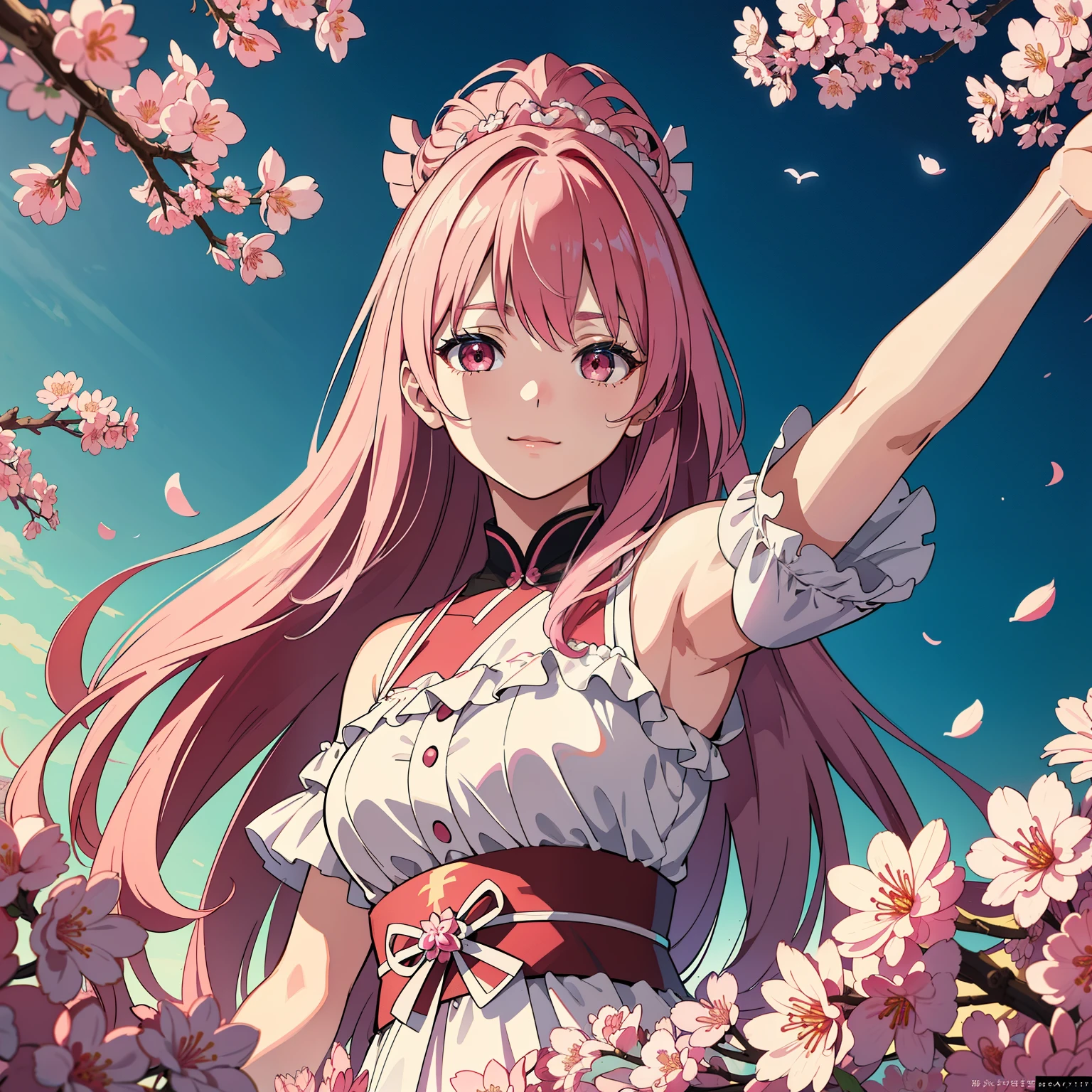 Masterpiece, best quality, (extremely detailed CG unified 8k wallpaper) (top-quality), (The best illustrations), (best shade)
A beautiful, long-haired Sakura stands before a striking monument, her radiant cherry blossom hair cascading down her shoulders, framing her delicate features. In the background, the imposing monument, with its intricate carvings and impressive dimensions, catches the eye. Sakura raises her smartphone, poised to take a selfie, her visage reflecting a playful smile. The vibrant pink hues of her petals and the rich tones of the monument create a mesmerizing contrast,