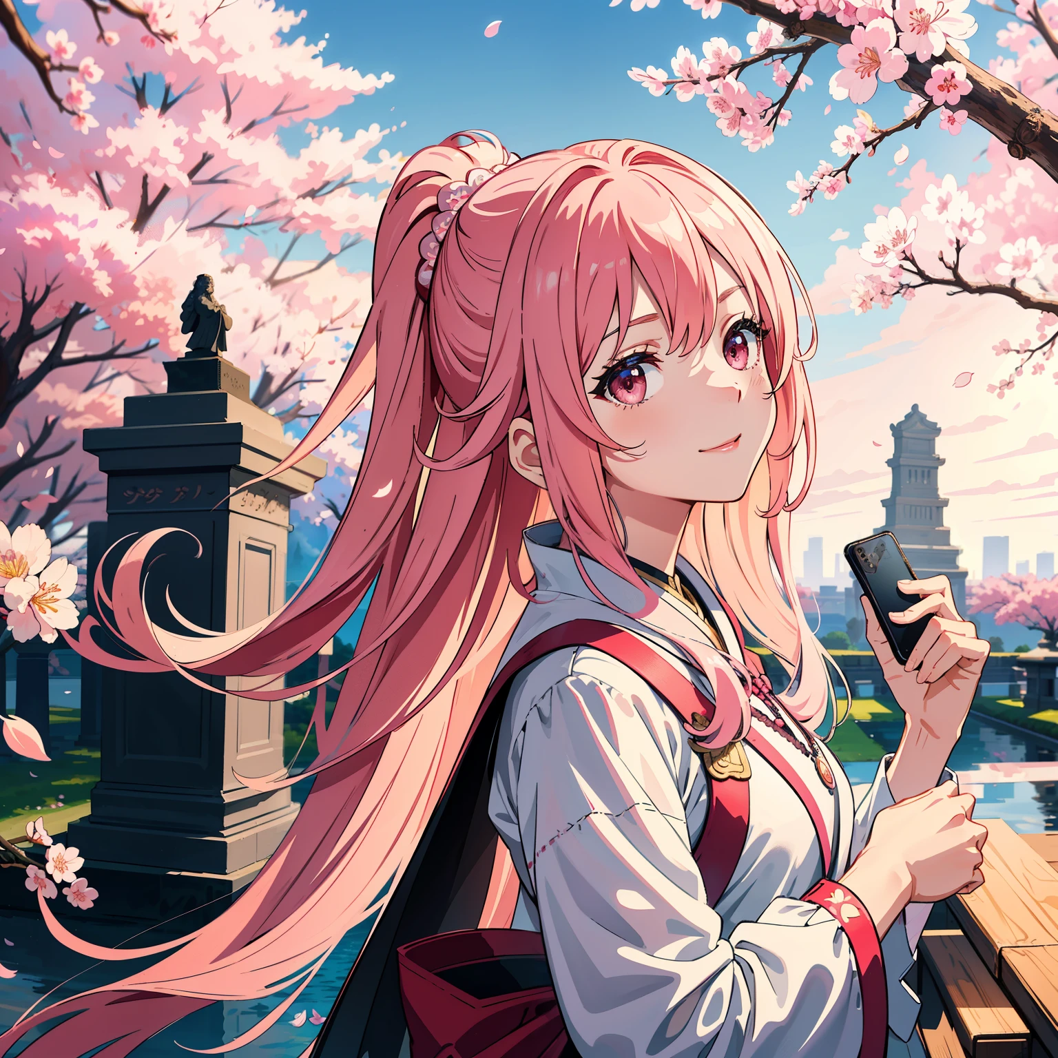 Masterpiece, best quality, (extremely detailed CG unified 8k wallpaper) (top-quality), (The best illustrations), (best shade)
A beautiful, long-haired Sakura stands before a striking monument, her radiant cherry blossom hair cascading down her shoulders, framing her delicate features. In the background, the imposing monument, with its intricate carvings and impressive dimensions, catches the eye. Sakura raises her smartphone, poised to take a selfie, her visage reflecting a playful smile. The vibrant pink hues of her petals and the rich tones of the monument create a mesmerizing contrast,