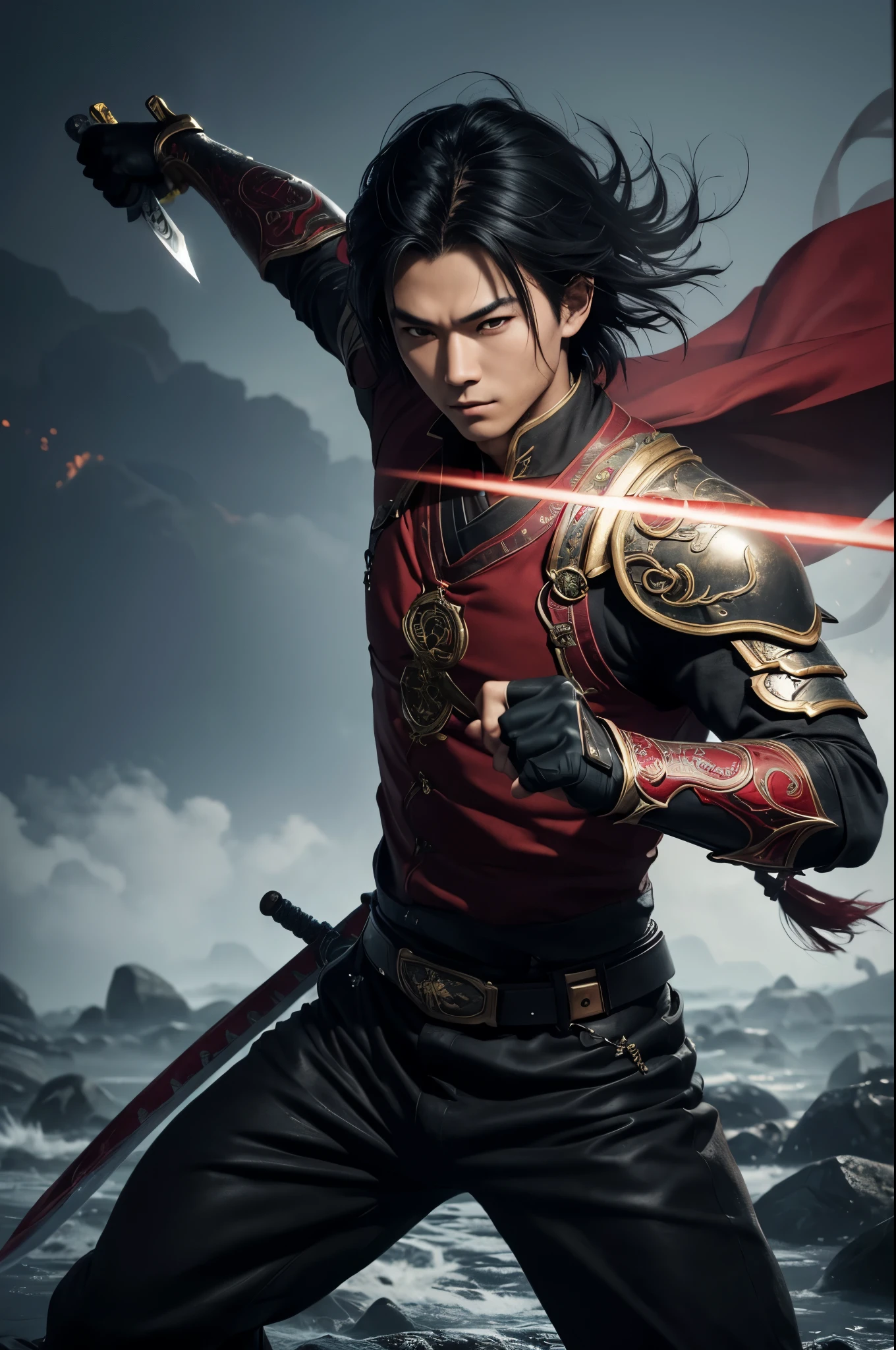 8k、alone、16 year old boy,Super beautiful teenager(like the real thing),red eyes(red glowing effect),Super beautiful teenager,black bob hair,black devil blade armor,black pants(devil&#39;s emblem embroidery),golden decoration,heading there、long and large Japanese sword,demon slayer boy,Remains,amazing work of art、wind effect:1.9、cloud effect:1.2、full rendering、Caustic soda coating、unreal engine、1 Japanese sword,An innocent expression,cool boys,ultra high resolution,super realistic skin,Super precise hand details,１Japanese sword and book,fantasy art,smile,battle scene,action scene,action pose,fighting style,Photorealistic RAW photos of the highest quality。Backlight, cinematic lighting, film grain, to be born, 50mm lens, Nikon D850,realistic skin,fantasy art,character art,ultra high resolution,Macho with a muscular slender body,red devil emblem tattoo on face(Tattoo that glows red),Precise facial details,rock,throw a fist,Throw a long and large Japanese sword,fighting pose,dynamic pose,