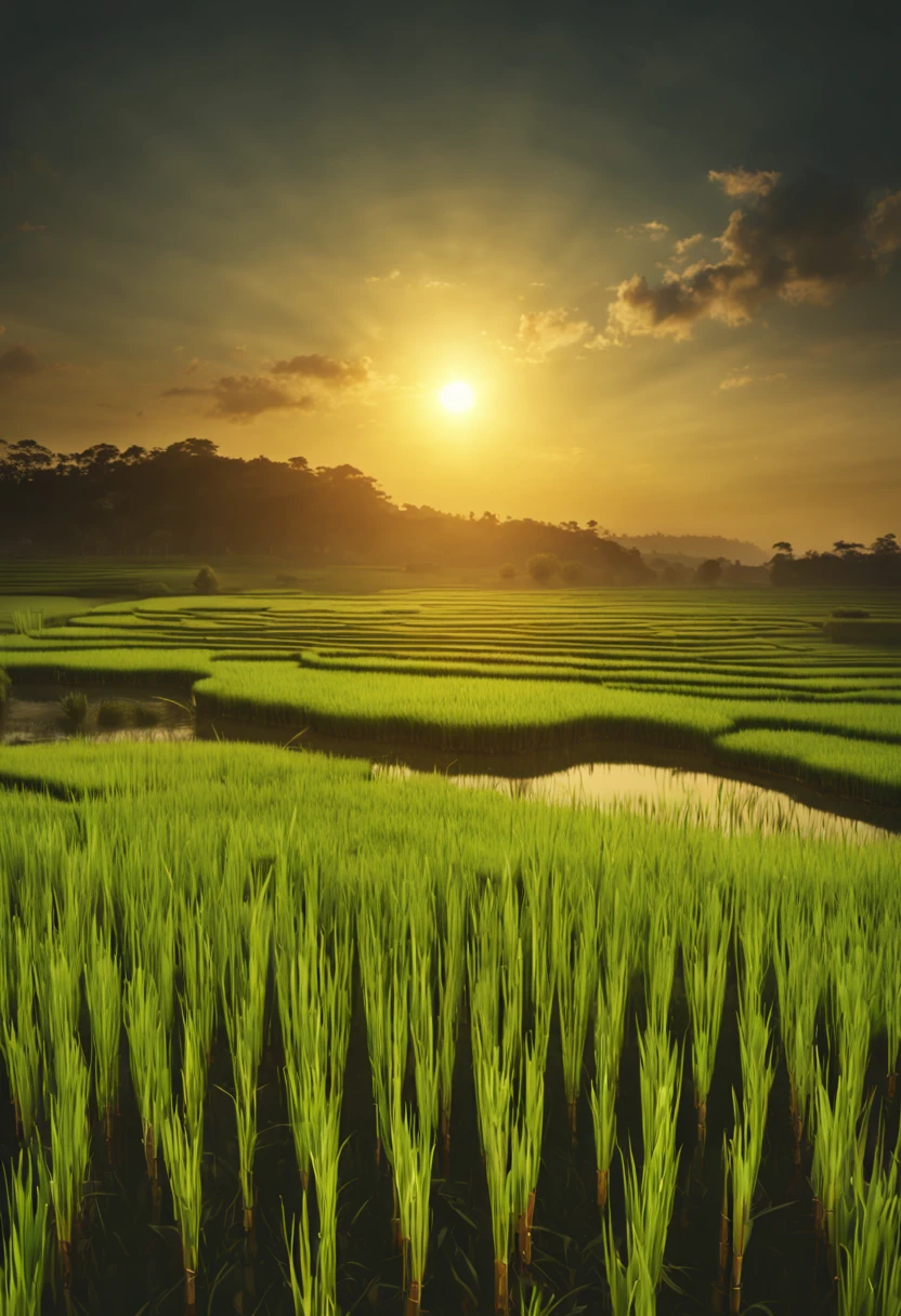 Early morning in a vast Asian rice paddy, with the sun just peeking over the horizon casting a golden glow on the dew-covered stalks, Photorealistic Image, Camera: wide angle, Shot: high angle, Render Related Information: 4K resolution, HDR lighting, sharp focus, aesthetic