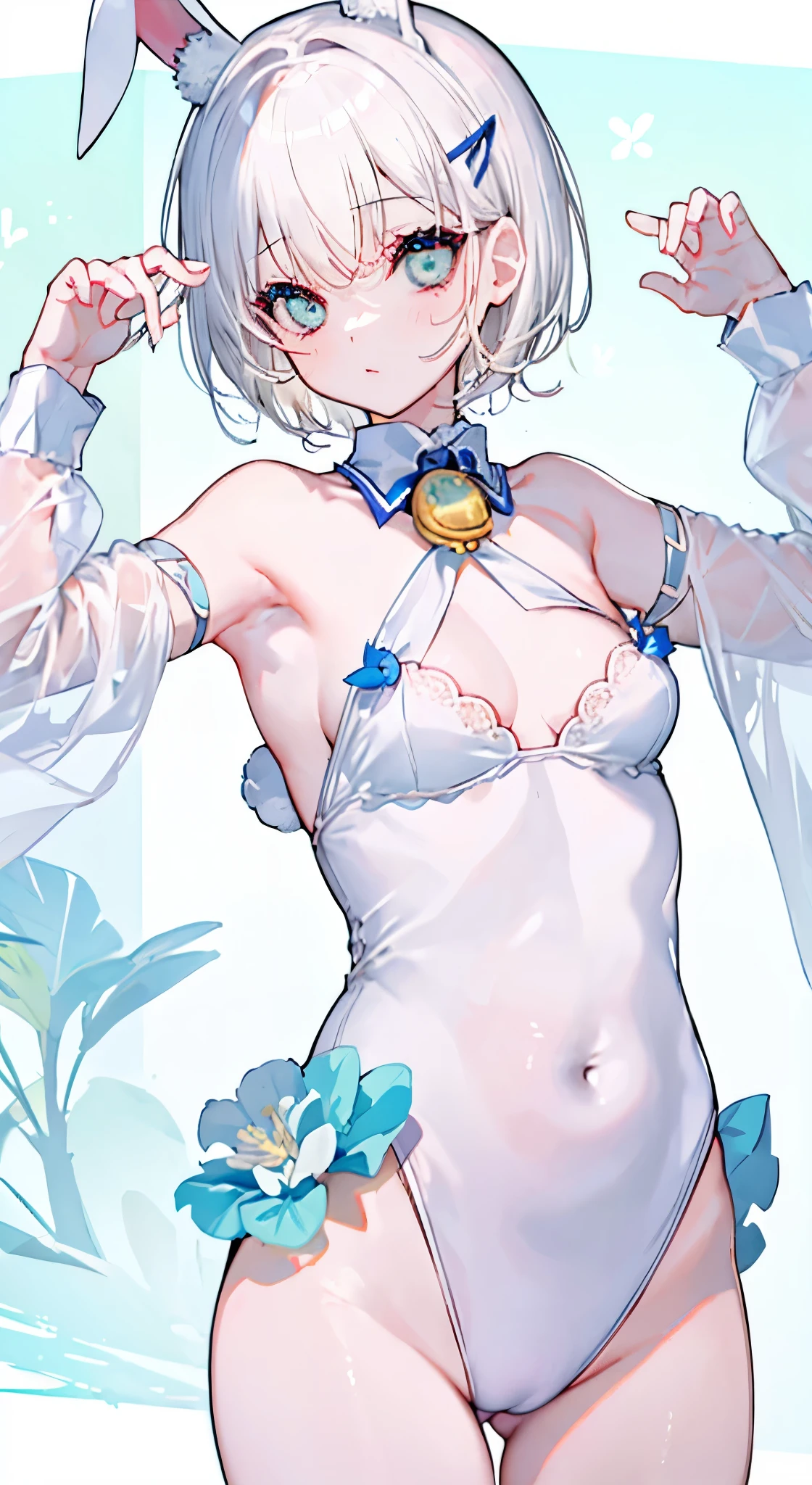 "(perfect masterpiece:1.2), (highest quality:1.2), stunning face, mature and chubby, Big eyes, compensate, long and luxurious eyelashes, lip whole, irresistible charisma.",belly button,(((girl like boy))),(((very short hair))),腹logic,raised his arms,NSFW,(((logic))),white leotard,Bunny girl,hair clip,wallpaper,white hair,small breasts,pixie cut,rabbit ears