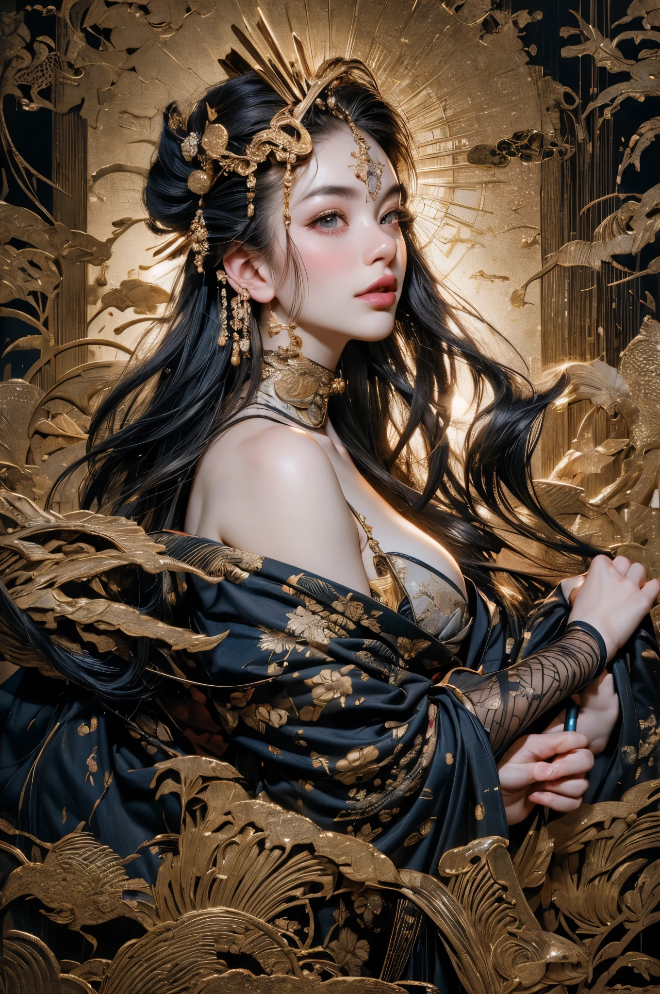 ((((topless)))), nsfw, ultrarealistic portrait of a sexy busty woman, Ghea Youbi, smile, and black hair, supermodel korean woman,wearing gold crafted headpiece, 8k photographic style filigree fractal details intricate ornate outfit hypermaximalist sharp focus, dramatic lighting, highly detailed and intricate, hyper maximalist, ornate, luxury, elite, haunting, matte painting, cinematic, cgsociety, James jean, Brian Froud, Ross Tran