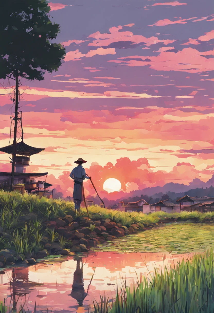 Tranquil sunrise over a sprawling rice paddy, (paddy/Inada), mist hovering above the water-logged fields, farmers beginning their day in the distance, traditional conical hats, lush green stalks of rice, reflections on the calm water, mountains in the background with the first light of dawn, traditional wooden cottages on stilts, by Hokusai, digital painting, hyperrealism, 8k resolution, serene atmosphere, aesthetic