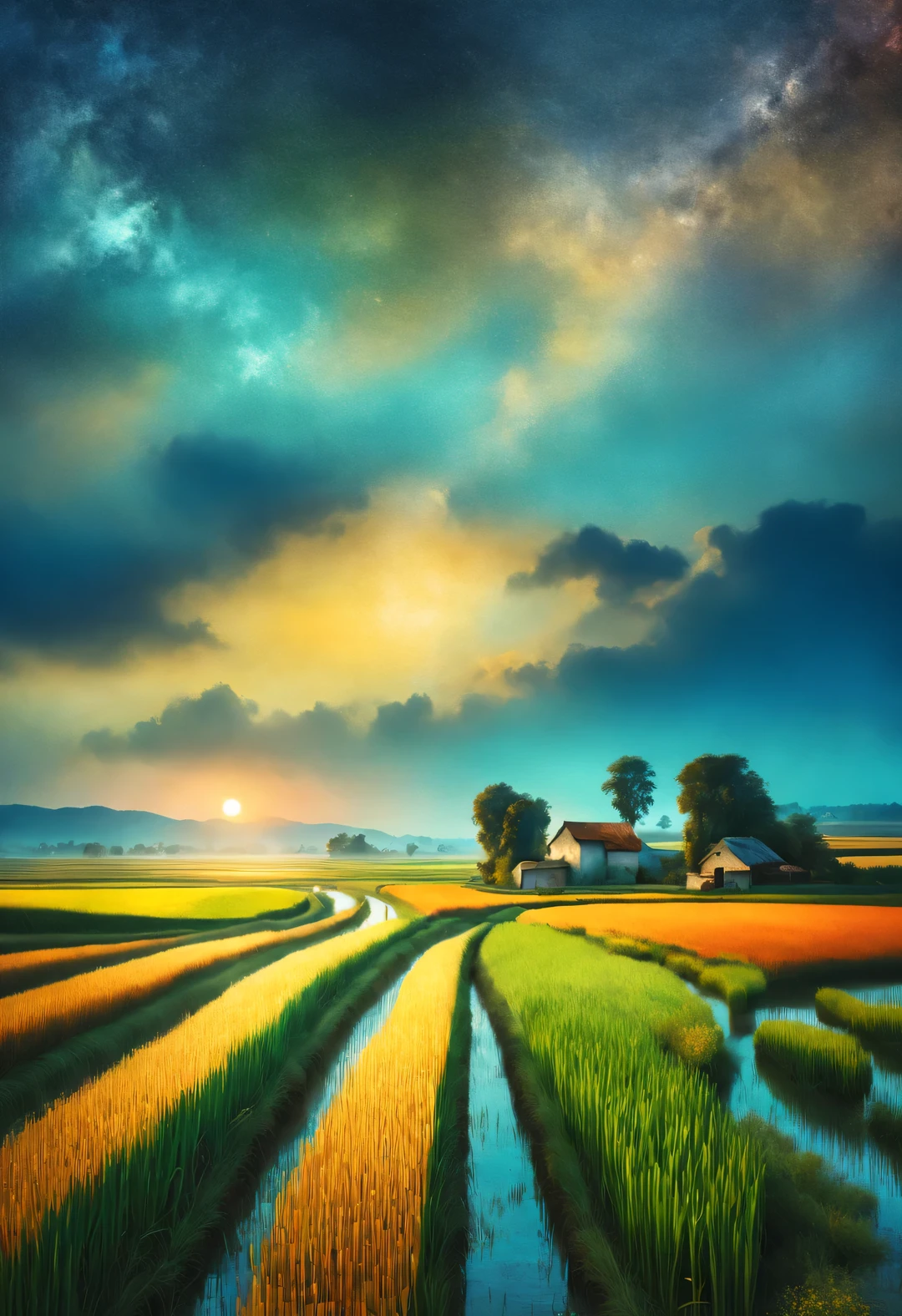 Gabriel Pacheco style，best quality, 8k, high quality, masterpiece: 1.2, Ultra-fine, realism: 1.37, double contact, (Endless rice fields and ), blue sky, dreamy atmosphere, bright color palette, Vibrant shades, Impressionist brushstrokes, Subtle lighting effects, sunset on the horizon, nature and sky, textured brushstrokes, Crops are abundant、Vibrant, dusk atmosphere, Peaceful idyllic scenery, Shining stars light up the night, create tranquility、Picturesque setting, Be inspired by Van Gogh&#39;s style and technique. Sublime and atmospheric depiction, ethereal beauty, Fascinating celestial phenomenon,