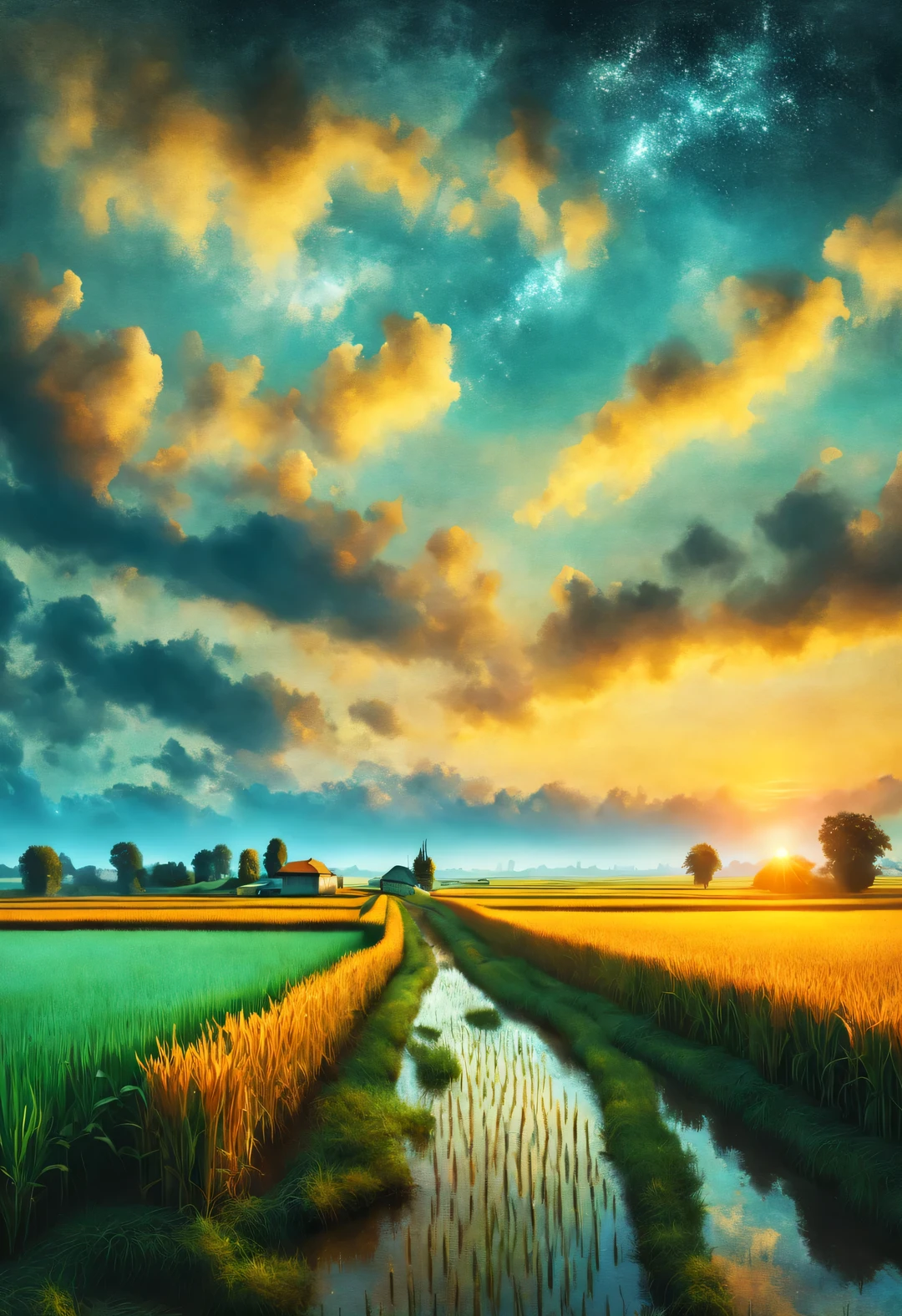 Gabriel Pacheco style,best quality, 8k, high quality, masterpiece: 1.2, Ultra-fine, realism: 1.37, double contact, (Endless rice fields and ), blue sky, dreamy atmosphere, bright color palette, Vibrant shades, Impressionist brushstrokes, Subtle lighting effects, sunset on the horizon, nature and sky, textured brushstrokes, Crops are abundant、Vibrant, dusk atmosphere, Peaceful idyllic scenery, Shining stars light up the night, create tranquility、Picturesque setting, Be inspired by Van Gogh's style and technique. Sublime and atmospheric depiction, ethereal beauty, Fascinating celestial phenomenon,