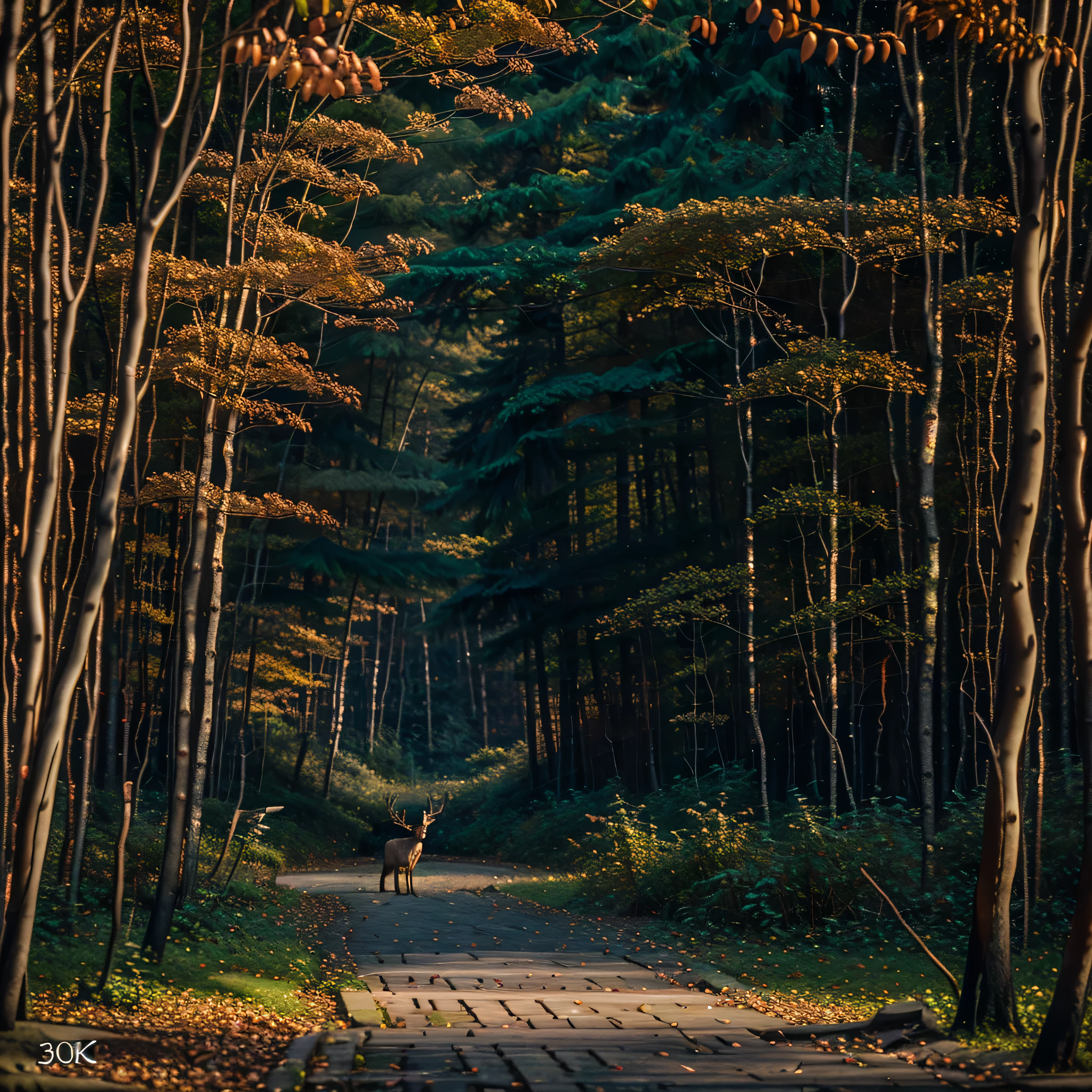 Deer in forest, tMasterpiece, best quality, (very detailed CG unity 32k wallpaper), (epic best quality), (best illustration), (best shadows), glow sprite, with a golden deer, gorgeous Cernunos in the swimming pool Drinking water, natural elements in the forest theme. Mysterious forest, beautiful forest, nature, surrounded by flowers, delicate leaves and branches surrounded by fireflies (natural elements), (jungle theme), (leaves), (twigs), (fireflies), (particle effects) etc. 3D, Octane rendering, ray tracing, super detailed, varied multi etc. --v6 --s1000 --c20 --q5 --chaos100