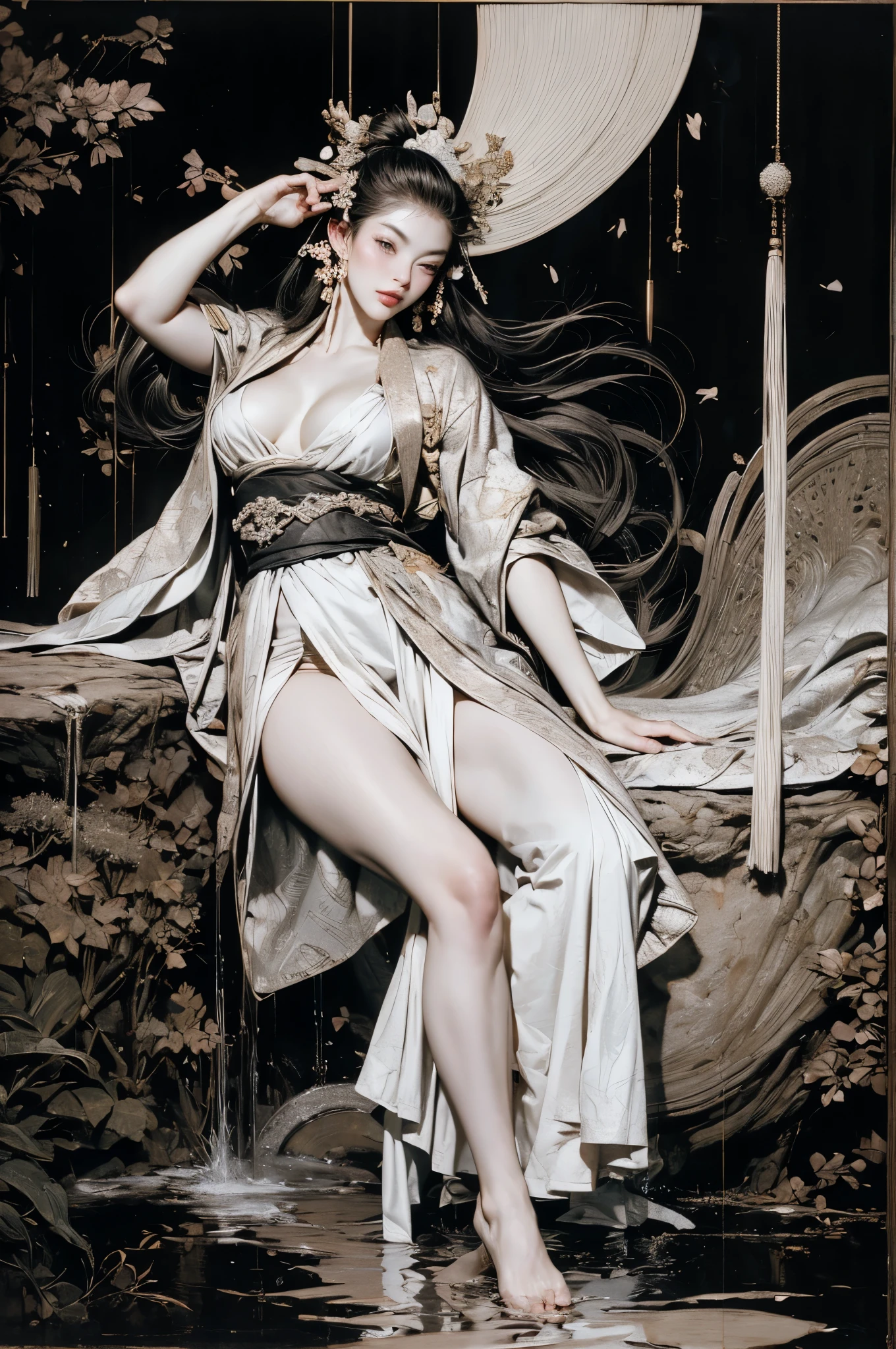 Umalinda warrior sexy, pretty face, Delicious Company, Alluring figure, Wearing a sexy open kimono. The artwork is created in a medium reminiscent of Japanese ink paintings....., 具有大胆的笔触和Monochromatic color palette. artist'Masterful technique reveals the intensity and power of the image'sense of presence,with the highest quality, Perfectly capture every detail with ultra-high resolution. Textures and intricate patterns on kimonos are rendered with extreme precision. Lighting is carefully designed,Enhance drama, Features deep shadows and subtle highlights. General, The artwork exudes elegance and power, Combining traditional Japanese aesthetics with a modern feel. Monochromatic color palette, Combine details, Create captivating and immersive experiences for your audience.