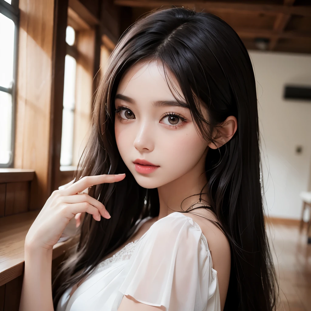Girl, long curly black hair, brown eyes, calm features, white skin, dress, room