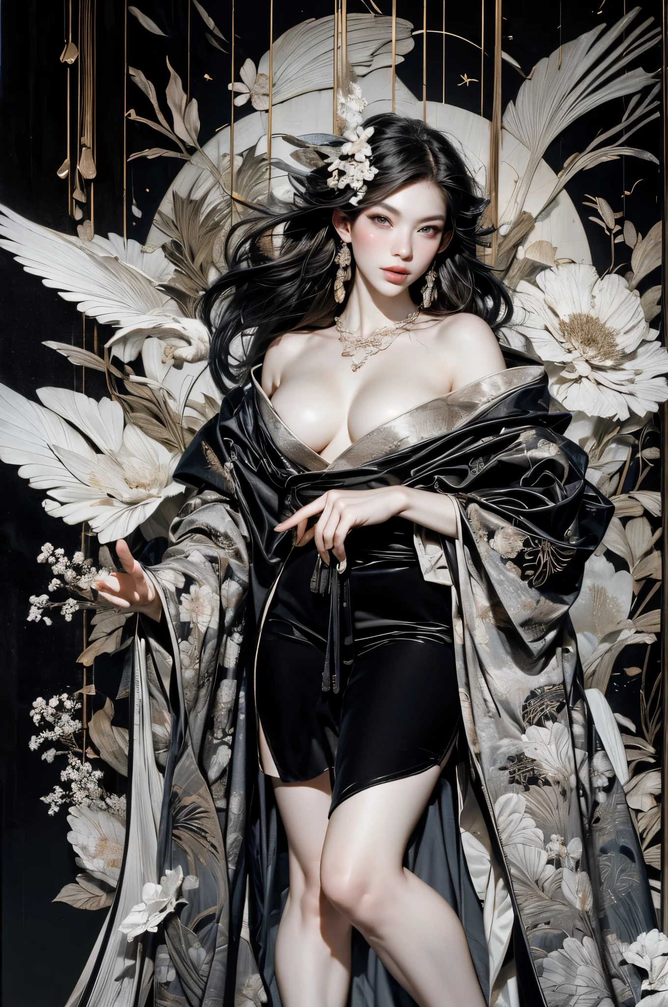 Umalinda warrior y, pretty face, Delicious Company, Alluring figure, Wearing a sexpen kimono. The artwork is created in a medium reminiscent of Japanese ink paintings....., 具有大胆的笔触和Monochromatic color palette. artist'Masterful technique reveals the intensity and power of the image'sense of presence,with the highest quality, Perfectly capture every detail with ultra-high resolution. Textures and intricate patterns on kimonos are rendered with extreme precision. Lighting is carefully designed,Enhance drama, Features deep shadows and subtle highlights. General, The artwork exudes elegance and power, Combining traditional Japanese aesthetics with a modern feel. Monochromatic color palette, Combine details, Create captivating and immersive experiences for your audience.