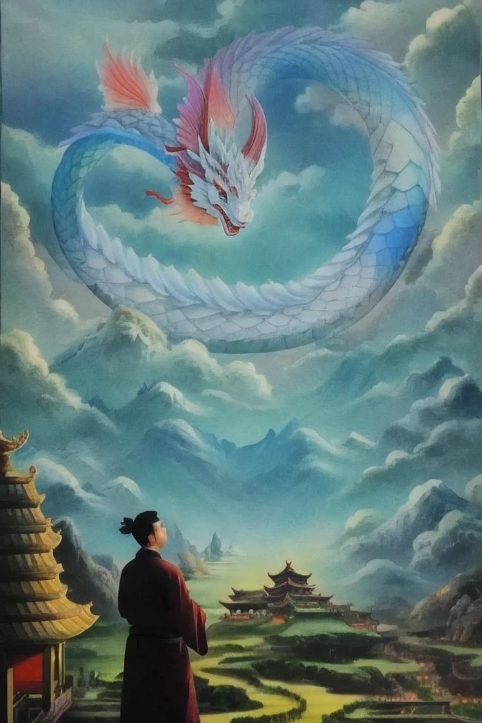 painting of a man standing in front of a painting of a dragon, chinese surrealism, dragon in the sky, inspired by Tosa Mitsuoki, inspired by Ren Xun, by Ju Lian, akira from chinese mythology, by Wen Boren, inspired by Yang Buzhi, chinese fantasy, inspired by Li Rongjin, by Ren Renfa, by Li Zai