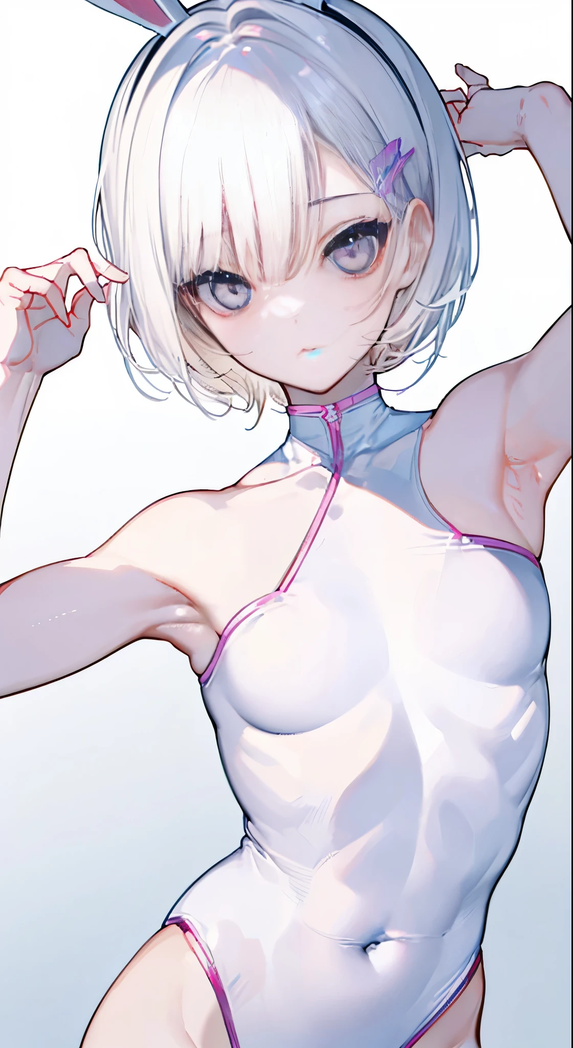 "(perfect masterpiece:1.2), (highest quality:1.2), stunning face,  compensate, long and luxurious eyelashes, lip whole, irresistible charisma.",belly button,(((girl like boy))),(((very short hair))),abs,raised his arms,NSFW,(((muscle)))，white leotard，Bunny girl，hair clip，wallpaper，white hair，small breasts，pixie cut，rabbit ears，Forehead，amount