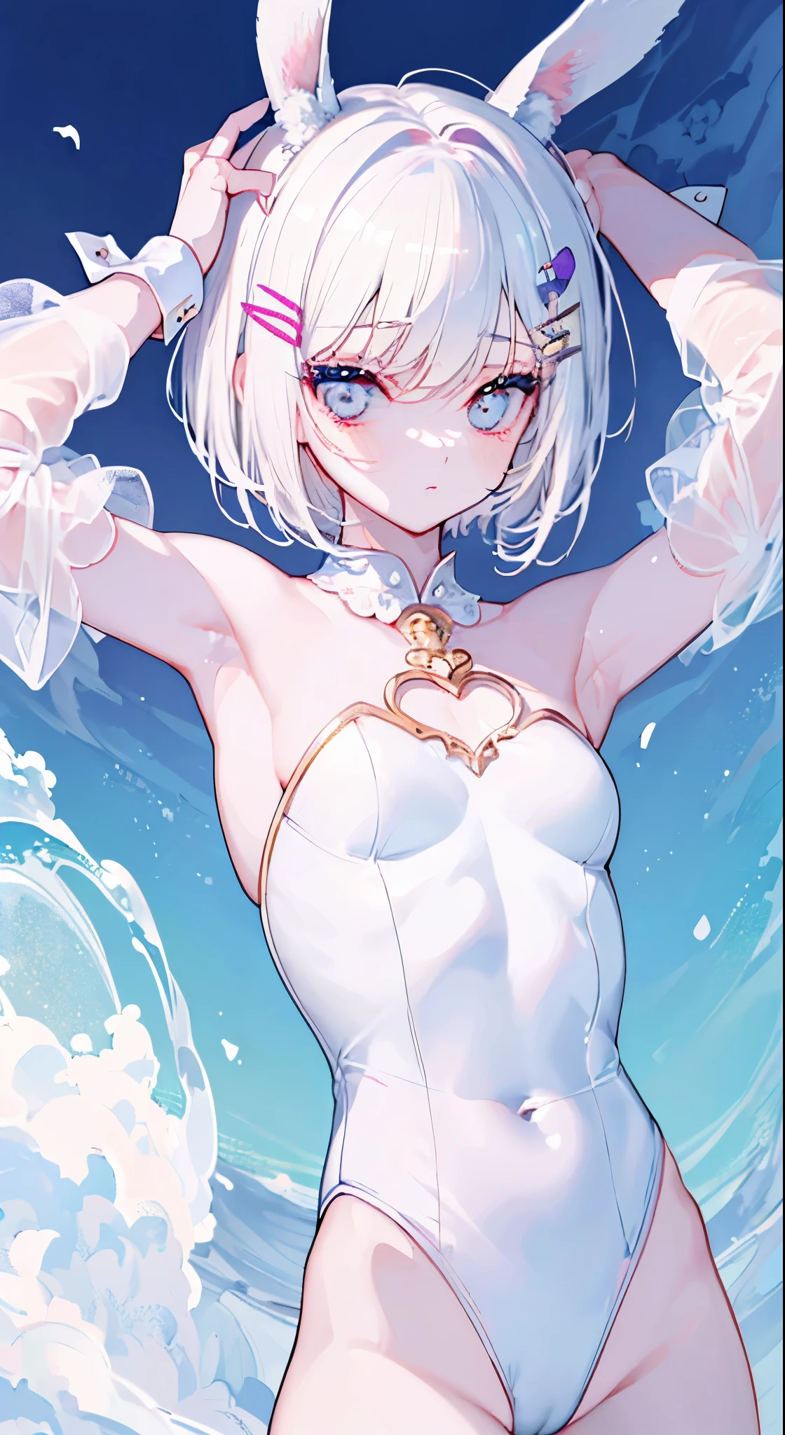 "(perfect masterpiece:1.2), (highest quality:1.2), stunning face, compensate, long and luxurious eyelashes, lip whole, irresistible charisma.",belly button,(((girl like boy))),(((very short hair))),abs,raised his arms,NSFW,(((muscle))),white leotard,Bunny girl,hair clip,wallpaper,white hair,small breasts,pixie cut,rabbit ears,Forehead,amount