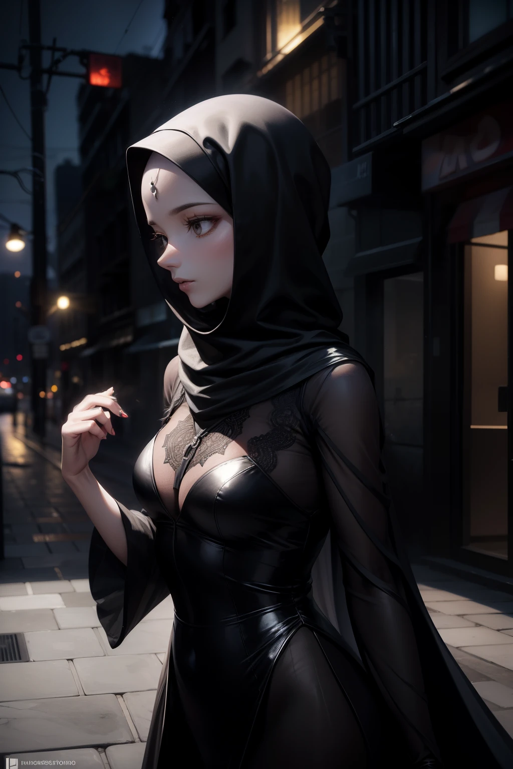 In the quiet night, a ghostly figure emerges from the shadowy corners of a sandy urban environment. The cityscape is bustling with dynamic lights and the full moon casts an ethereal glow, setting the stage for the mysterious apparition. The ghost spider, dressed in black clothing, blends seamlessly with the darkness of the night. In the center of its chest, a radiant white spider symbol gleams, adding a contrasting pop of light to the organic clothing.

The spider's forehead is adorned with a sticky substance, reminiscent of hijabs, giving it an otherworldly and enigmatic appearance. Unlike other spider superheroes, this one