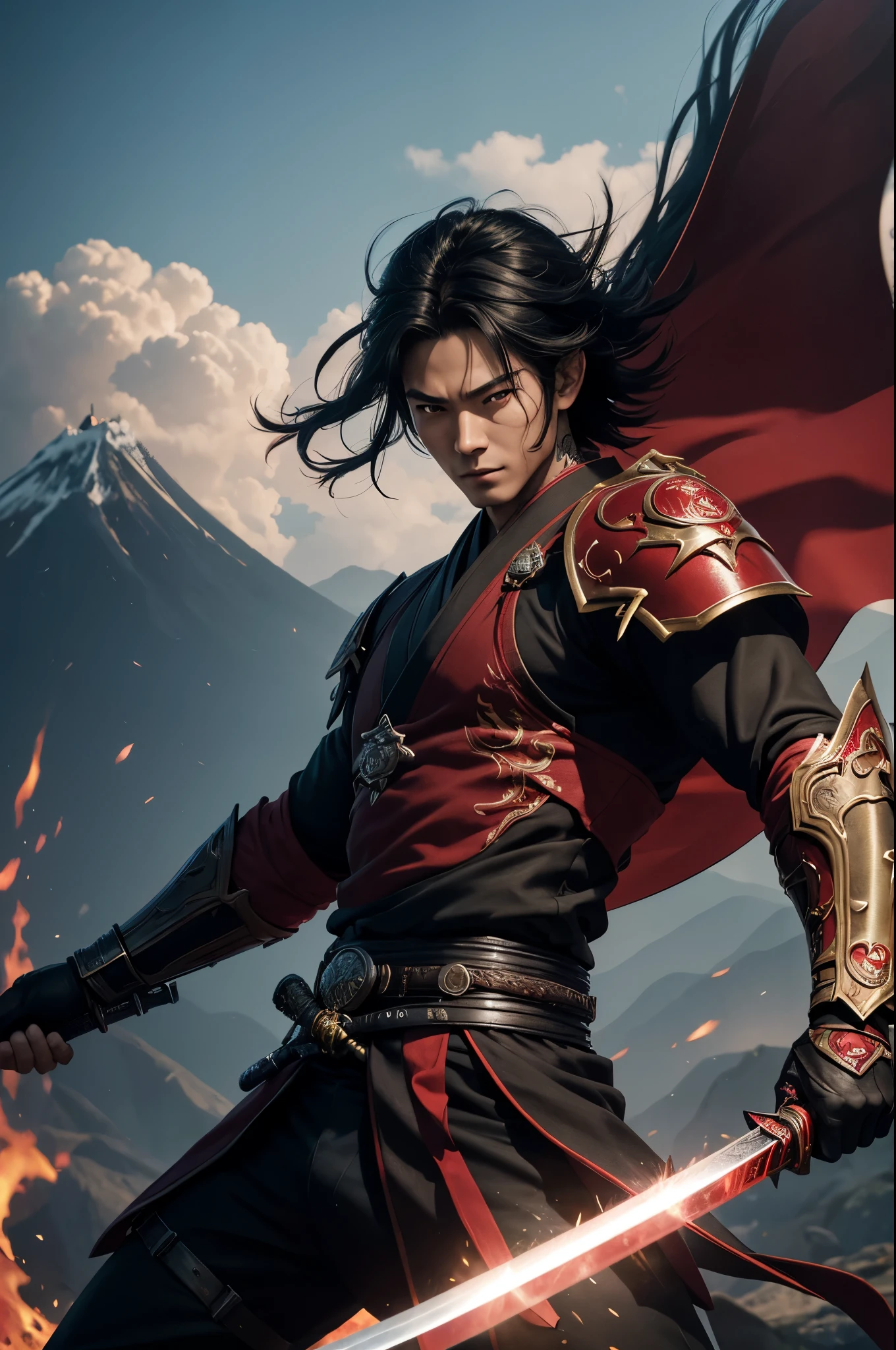 8k、alone、16 year old boy,Super beautiful teenager(like the real thing),red eyes(red glowing effect),Super beautiful teenager,black bob hair,black men's kimono,black pants(devil's emblem embroidery),golden decoration,heading there、long and large Japanese sword,Demon Slayer boy wearing Demon Slayer male kimono,Remains,amazing work of art、wind effect:1.9、cloud effect:1.2、full rendering、Caustic soda coating、unreal engine、1 Japanese sword,An innocent expression,cool boy,ultra high resolution,super realistic skin,Super precise hand details,1Japanese sword and book,fantasy art,smile,battle scene,action scene,action pose,fighting style,Photorealistic RAW photos of the highest quality。Backlight, cinematic lighting, film grain, to be born, 50mm lens, Nikon D850,realistic skin,fantasy art,character art,ultra high resolution,Macho with a muscular slender body,red devil emblem tattoo on face(Tattoo that glows red),Precise facial details,Throw a long and large Japanese sword,fighting pose,dynamic pose,Red shoulder armor(demon emblem),Red Gauntlet(demon emblem),