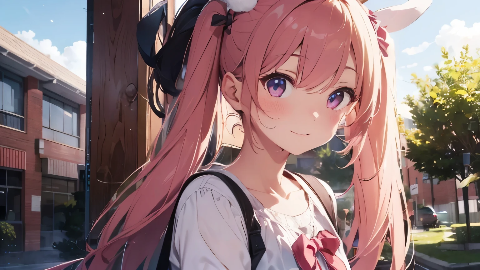 1girl in. Pink hair.Long hair.((Twin-tailed)).{Lori}.Short stature.tiny chest.white t-shirts.suspender.Skirt. (((masutepiece))).(((Best Quality))).)((Ultra-detailed))).(((Illustration))). (((Spread your arms))).(((Night view))).(((Heart on chest))).Feathered hat.Despair face.Opening Mouth.