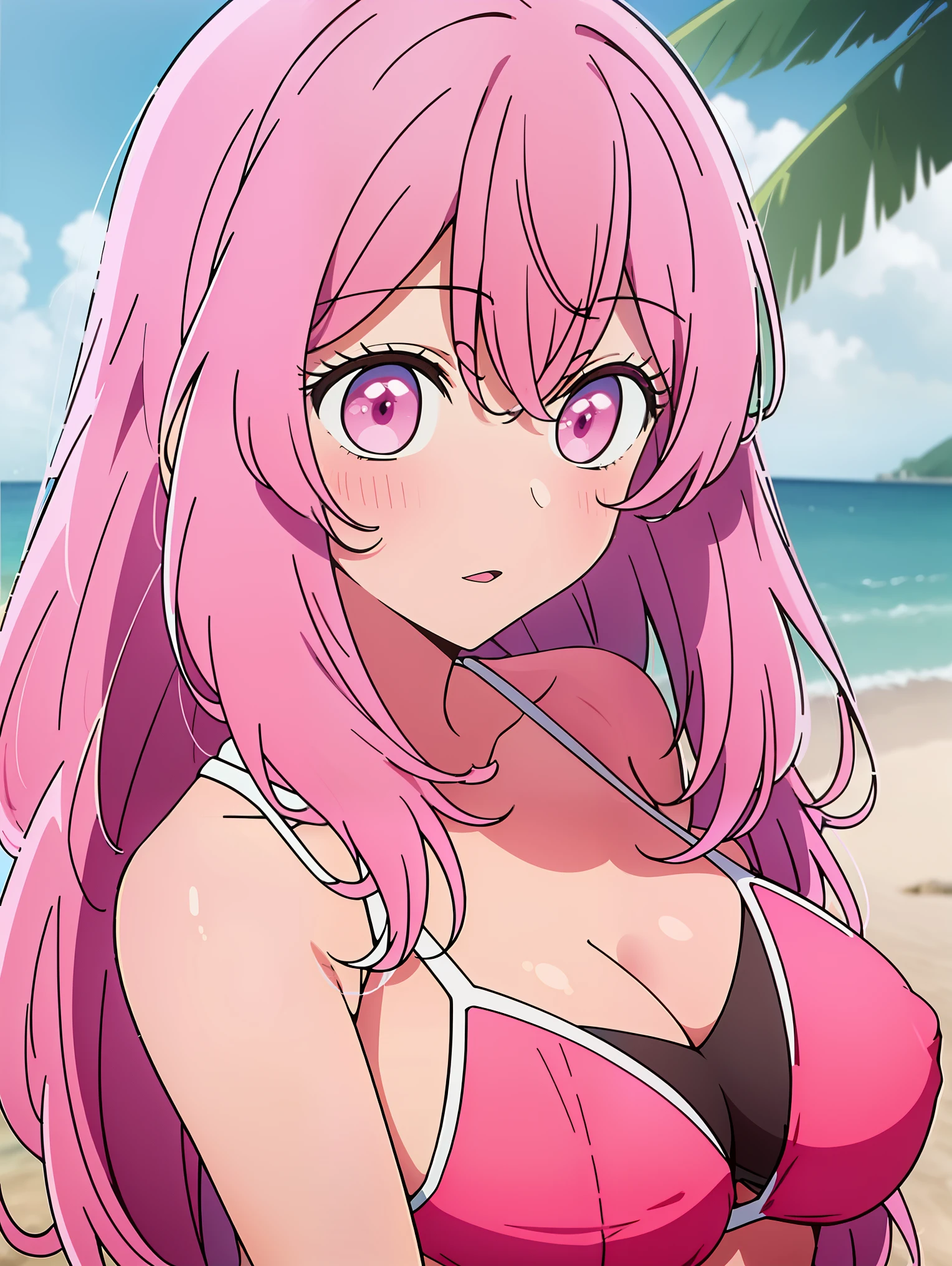 Anime girl with pink hair and pink eyes looking at the camera, anime girl named lucy, mirai nikki, shirabii, anime best girls,((Close-up))、(((swimsuit)))、(((bikini)))、big breasts、laughter、Suminami、(((beach)))、big