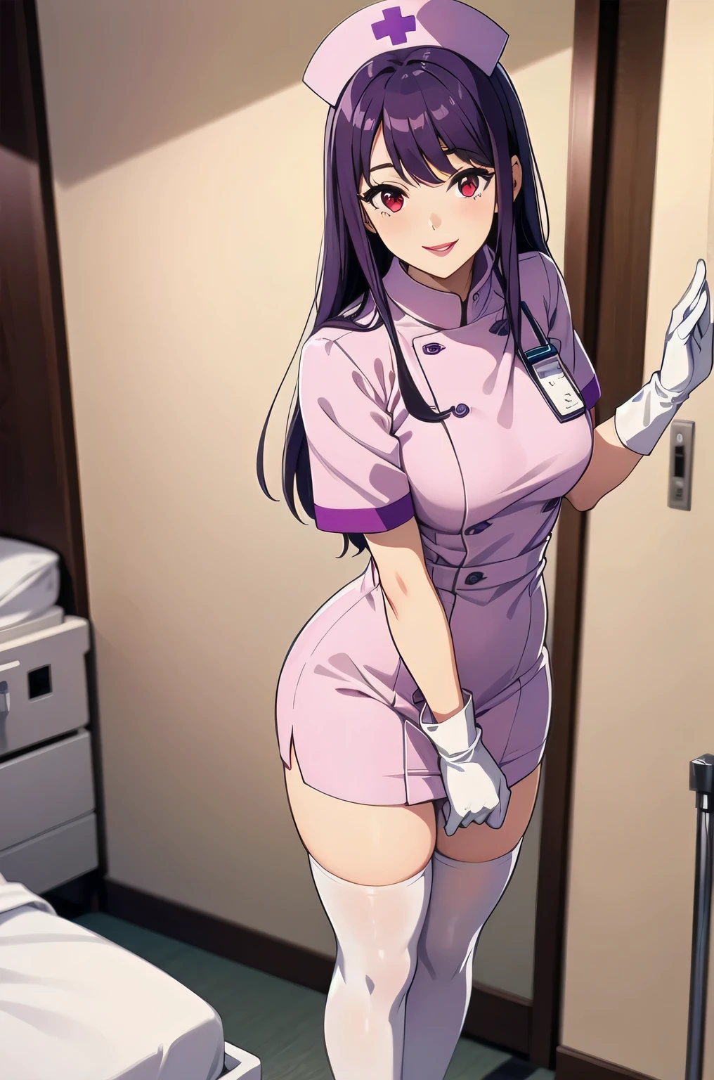 1 female, alone, nurse, nurse cap, white clothes, ((white legwear, zettai ryouiki)), white gloves, long hair, purple hair, red eyes, pink lips, smile, Are standing, ((hospital room)), sharp outline, short sleeve, mature woman, 35 years old, highest quality, masterpiece