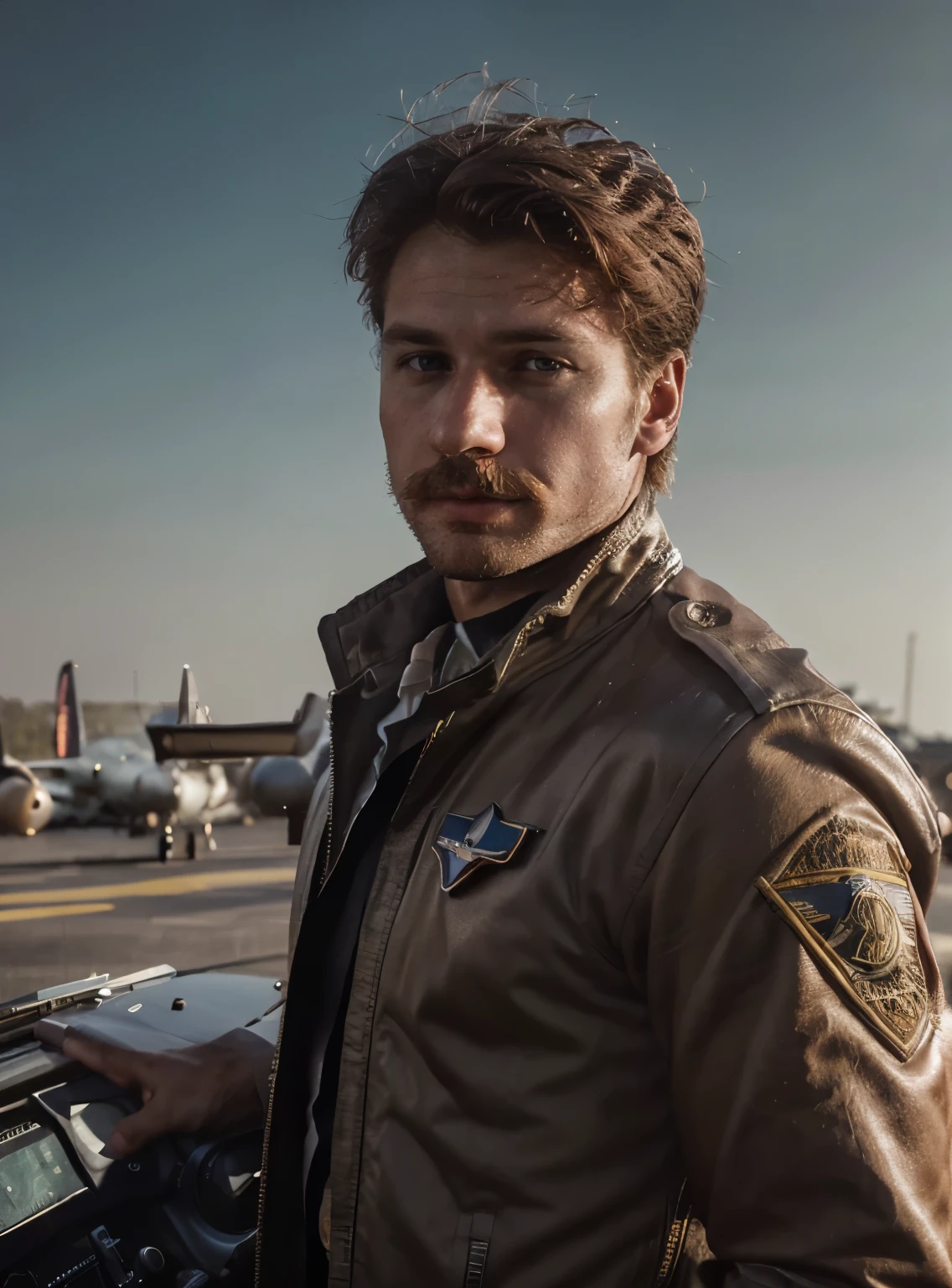 The image captures an athletic man in the confines of a vintage airplane, evoking the atmosphere of the 1940s. He embodies the essence of a classic pilot, with 25 years old, young, with a stubble beard that adds a rugged charm to his appearance. His short, blonde hair and brown eyes complement his timeless allure, while subtle freckles enhance his natural, charismatic presence. The man possesses a symmetrical and striking face, reflecting the ideals of a bygone era with a modern twist. His expression exudes confidence and allure, capturing the essence of a daring aviator. The scene is depicted with a blend of realism and conceptual artistry, showcasing intricate details that transport the viewer to another time. Photographed with precision and attention to detail, the image features a sharp focus and shallow depth of field, drawing attention to the pilot in the foreground against the backdrop of the airplane's cockpit. The use of an 85mm lens with an aperture of f/1.8 ensures exceptional image quality, capturing every nuance of the scene. Professional color correction enhances the vintage aesthetic, enriching the tones and textures of the image. Soft, diffused lighting bathes the pilot in a warm glow, casting gentle shadows that accentuate his features. The addition of volumetric fog adds a sense of drama and atmosphere, heightening the cinematic quality of the scene. This captivating image, with its HD 4K or 8K resolution, would be a standout on platforms like Instagram, where its bold, nostalgic charm would undoubtedly captivate audiences.