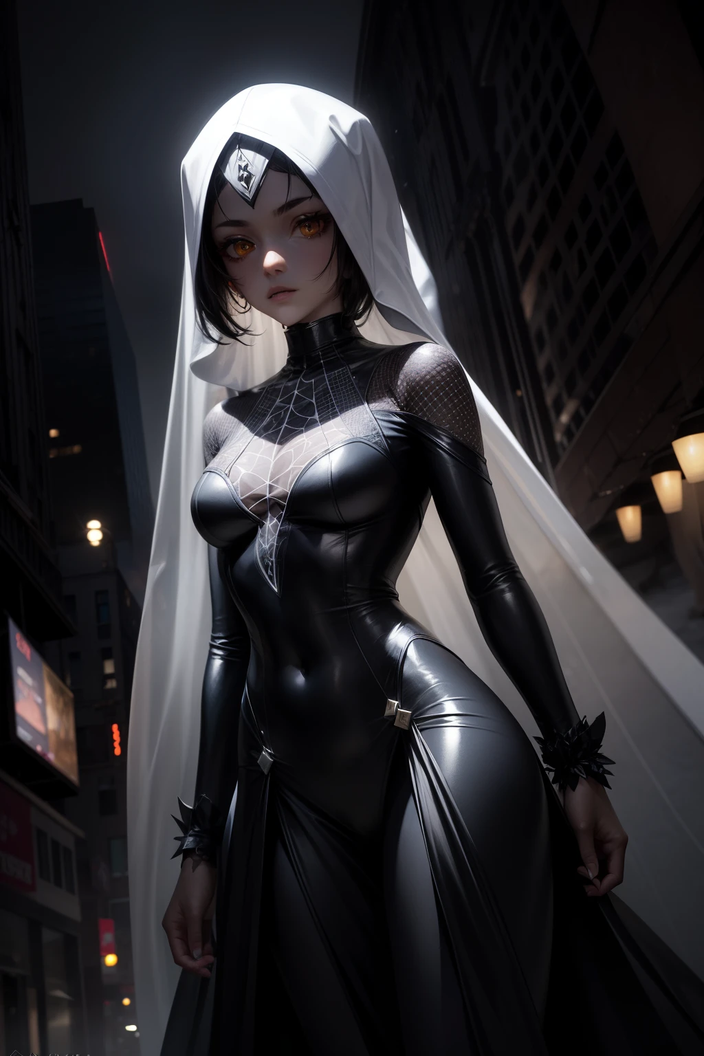 In the quiet night, a ghostly figure emerges from the shadowy corners of a sandy urban environment. The cityscape is bustling with dynamic lights and the full moon casts an ethereal glow, setting the stage for the mysterious apparition. The ghost spider, dressed in black clothing, blends seamlessly with the darkness of the night. In the center of its chest, a radiant white spider symbol gleams, adding a contrasting pop of light to the organic clothing.

The spider's forehead is adorned with a sticky substance, reminiscent of hijabs, giving it an otherworldly and enigmatic appearance. Unlike other spider superheroes, this one