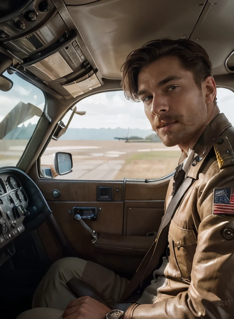 The image captures an athletic man in the confines of a vintage airplane, evoking the atmosphere of the 1940s. He embodies the essence of a classic pilot, with 25 years old, young, with a stubble beard that adds a rugged charm to his appearance. His short, blonde hair and brown eyes complement his timeless allure, while subtle freckles enhance his natural, charismatic presence. The man possesses a symmetrical and striking face, reflecting the ideals of a bygone era with a modern twist. His expression exudes confidence and allure, capturing the essence of a daring aviator. The scene is depicted with a blend of realism and conceptual artistry, showcasing intricate details that transport the viewer to another time. Photographed with precision and attention to detail, the image features a sharp focus and shallow depth of field, drawing attention to the pilot in the foreground against the backdrop of the airplane's cockpit. The use of an 85mm lens with an aperture of f/1.8 ensures exceptional image quality, capturing every nuance of the scene. Professional color correction enhances the vintage aesthetic, enriching the tones and textures of the image. Soft, diffused lighting bathes the pilot in a warm glow, casting gentle shadows that accentuate his features. The addition of volumetric fog adds a sense of drama and atmosphere, heightening the cinematic quality of the scene. This captivating image, with its HD 4K or 8K resolution, would be a standout on platforms like Instagram, where its bold, nostalgic charm would undoubtedly captivate audiences.