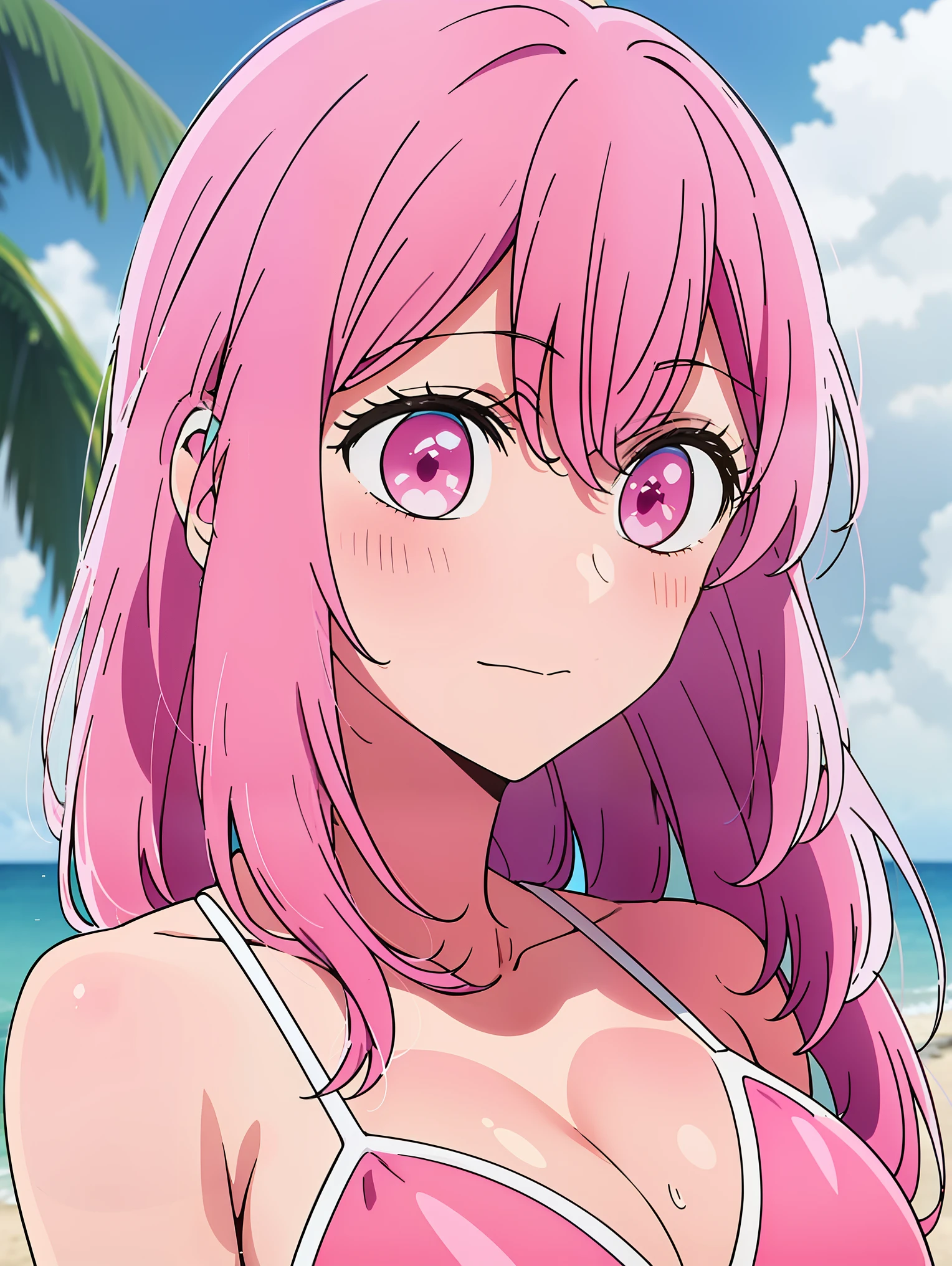 Anime girl with pink hair and pink eyes looking at the camera, anime girl named lucy, mirai nikki, shirabii, anime best girls,((Close-up))、(((swimsuit)))、(((bikini)))、big breasts、laughter、Suminami、(((beach)))、big