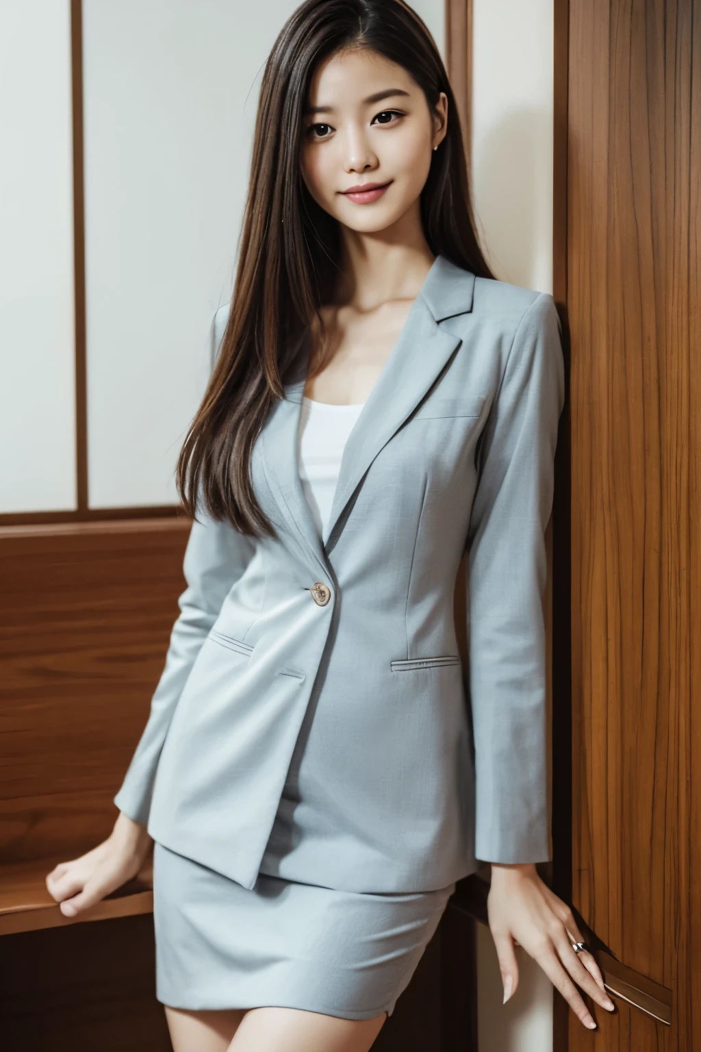 small breast, slender, two japanese, woman, beautiful face, Are thin, (skirt suit:1.3), Hotel, highest quality, ultra high resolution, (realism: 1.4), Depth of the bounds written, beautiful face, (Pueros face_v1: 0.8), half body,(color々なcolorのリアルブラジャー:1.5), innocent smile, natural makeup,