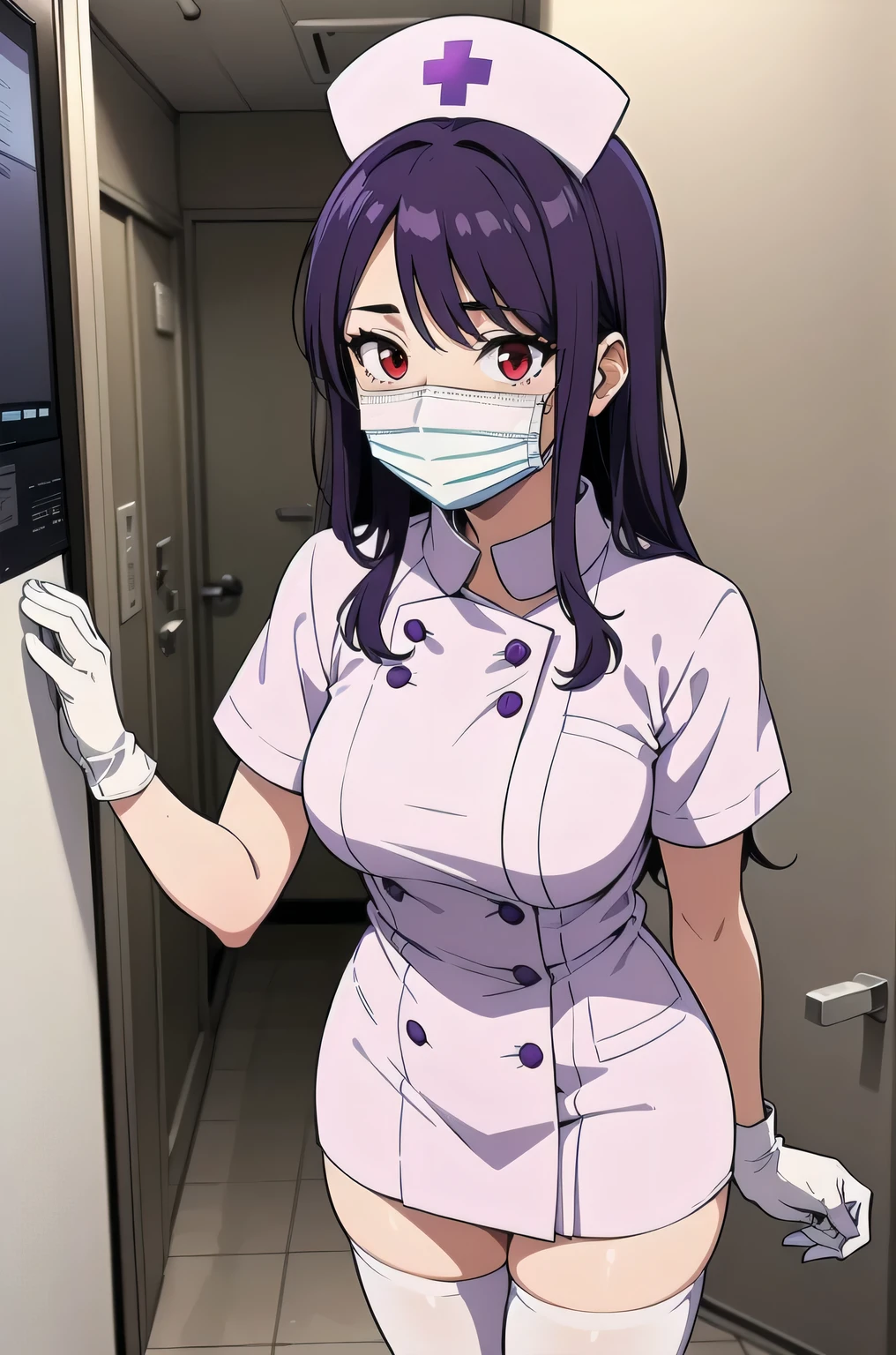 1 female, alone, nurse, nurse cap, white clothes, ((white legwear, zettai ryouiki)), white gloves, long hair, purple hair, red eyes, ((white surgical mask, covered nose)), Are standing, ((hospital room)), sharp outline, short sleeve, mature woman, 35 years old, highest quality, masterpiece