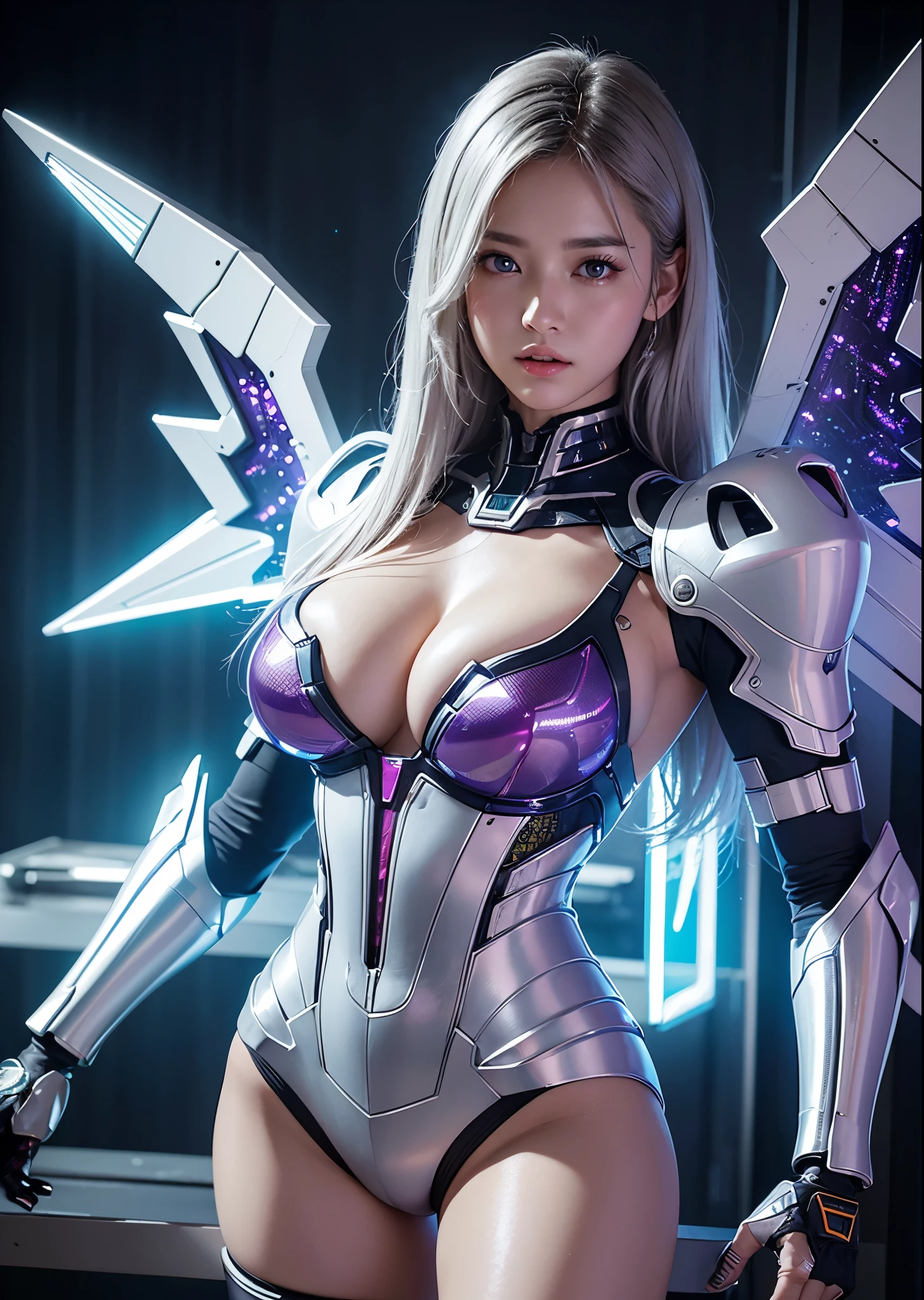 highest quality、masterpiece、超A high resolution、(Photoreal:1.4)、RAW photo、battle cyborg angel、large metal wings、white porcelain body、Acrylic clear cover、gray hair、glowing skin、1 cyborg girl、((Ultra realistic details))、Portrait、global illumination、Shadow、octane rendering、8k、super sharp、character edge light,big breasts、Raw skin exposed in cleavage、intricate decorative details、Double Zeta Gundam details、hydraulic cylinder、small led lamp、very intricate details、realistic light、purple eyes、shining eyes、towards the camera、neon details、cowboy shot、futuristic headgear、About Cyberpunk、、