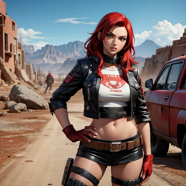 high resolution photography of wasteland outlaw, red hair, ebony, black leather jacket, sheer topic, small breast, patches, retrofuturism, fallout 76, post civilization world, ruines of civilization