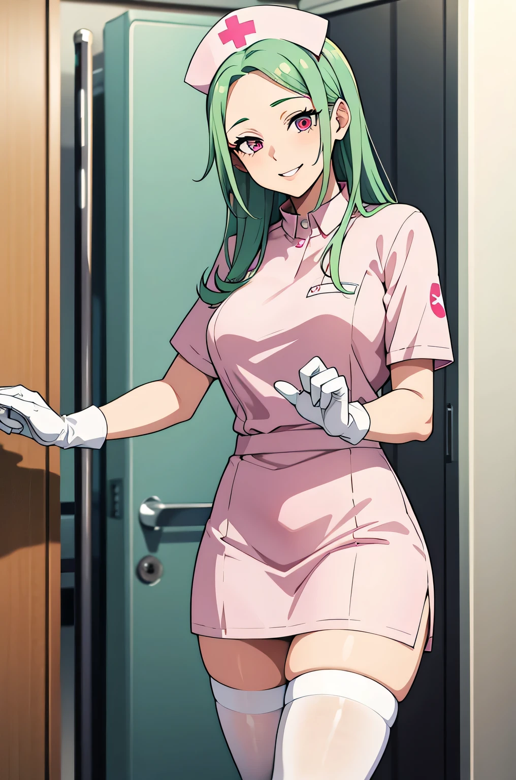 1 female, alone, nurse, nurse cap, white clothes, ((white legwear, zettai ryouiki)), white gloves, amount, long hair, green hair, pink eyes, pink lips, smile, Are standing, ((hospital room)), sharp outline, short sleeve, mature woman, 35 years old, highest quality, masterpiece