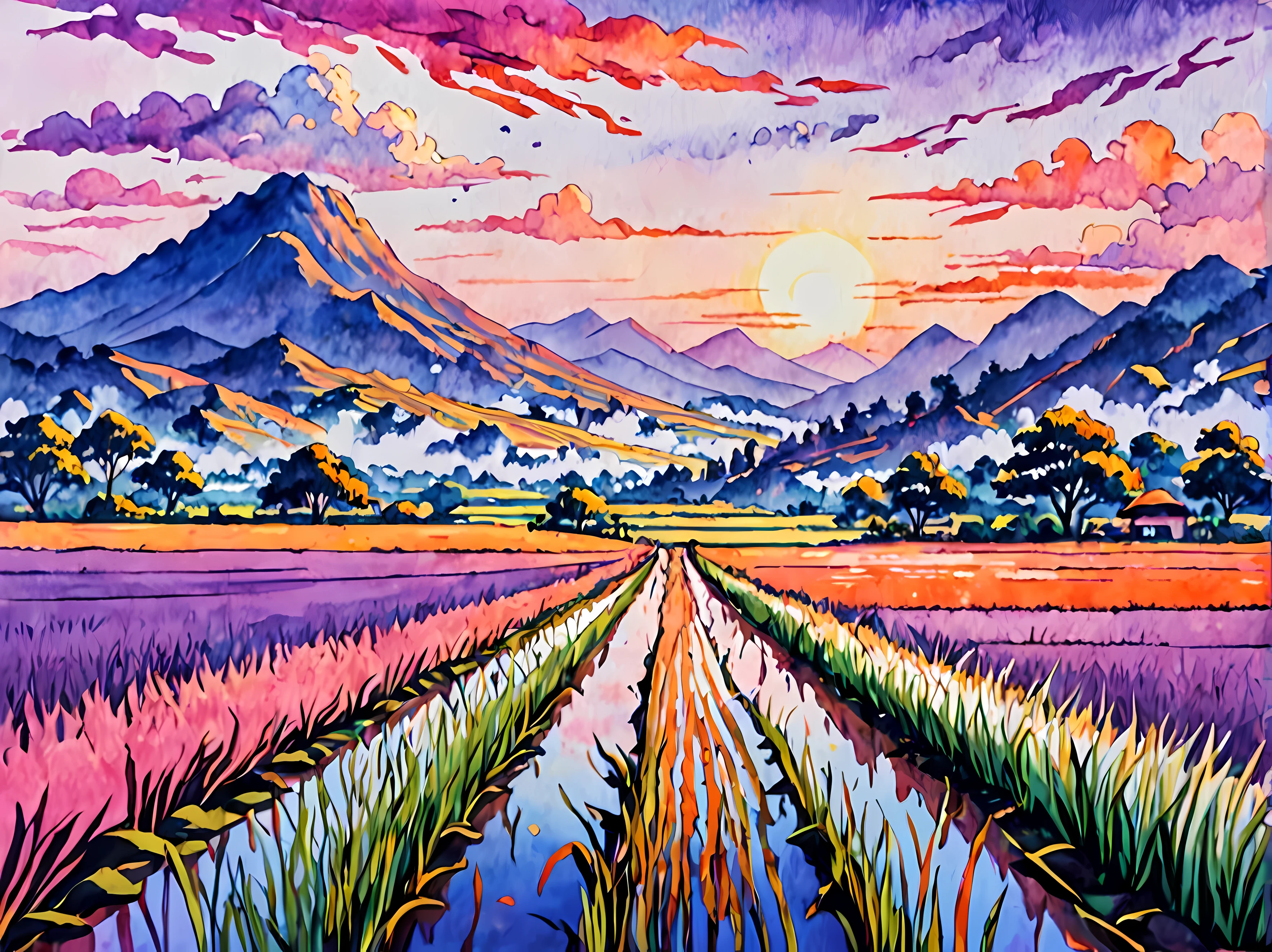 Cute anime style, a mesmerizing watercolor painting with dark words (("Rest Well My Queen!")) elegantly integrated into the image and blending seamlessly with the clouds, vast rice paddy field at captivating dawn, the sky is painted with hues of orange, pink and purple, casting a warm glow over the landscape, the rice plants sway gently in the breeze, majestic mountains loom on the horizon, the reflection of the sky in the water-filled paddies, tranquil and serene atmosphere, dreamy, masterpiece in maximum 16K resolution, superb quality. | More_Detail
