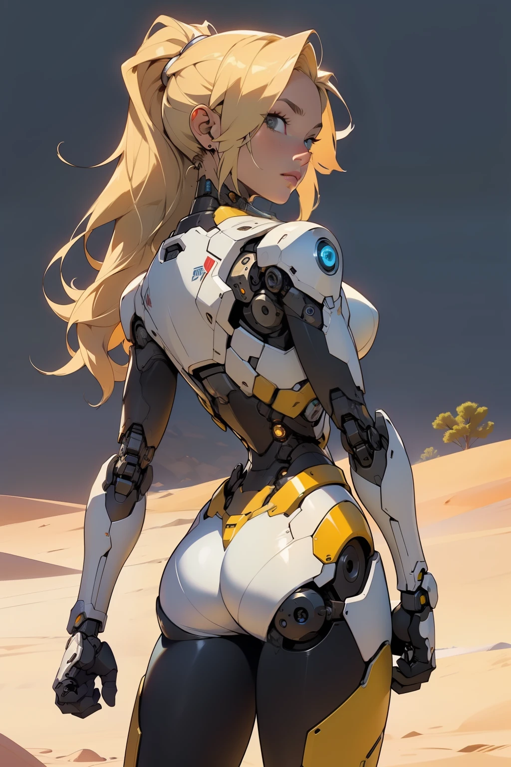 high quality, 4k, masterpiece, beautiful, cyborg girl, cowboy shot, dull eyes, back side, turning around to look at viewer, long blonde hair, girl, small breasts, fit thigh, robotic arms, robotic body, cyborg body, yellow accent, redaccent, intricate detail, joint, detailed lines, robotic detail, holding fist up, holding hand up as fist, color robotic parts, robotic parts with color, perfect fingers, on a desert planet, sunny background, colorful desert,