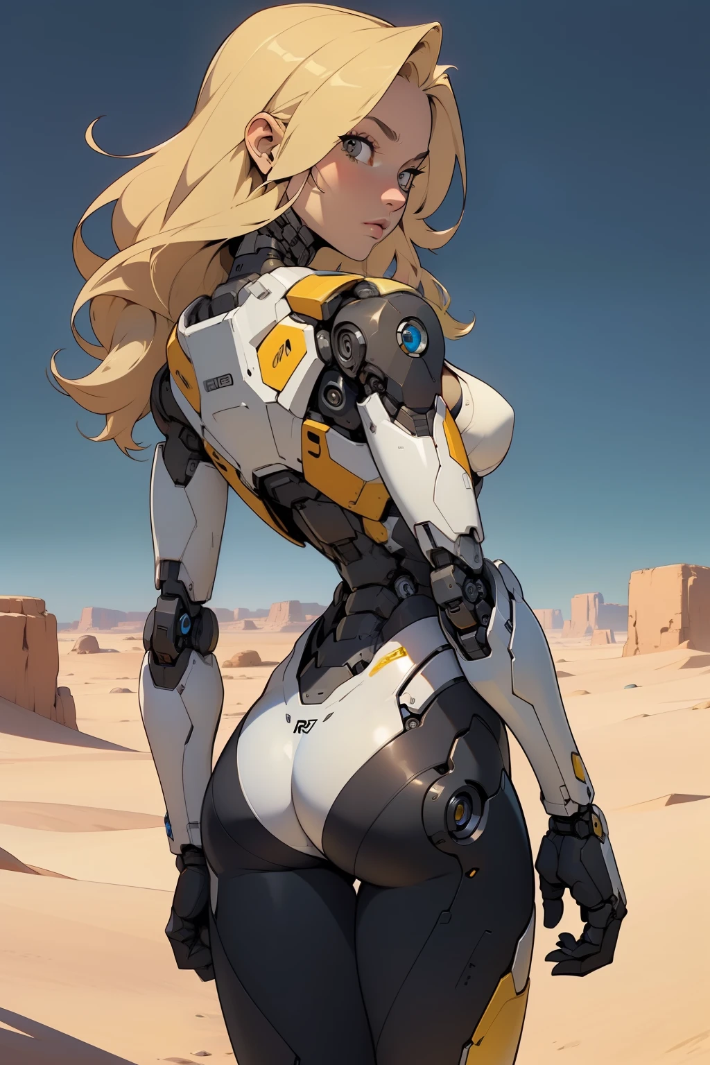high quality, 4k, masterpiece, beautiful, cyborg girl, cowboy shot, dull eyes, back side, turning around to look at viewer, long blonde hair, girl, small breasts, fit thigh, robotic arms, robotic body, cyborg body, yellow accent, redaccent, intricate detail, joint, detailed lines, robotic detail, holding fist up, holding hand up as fist, color robotic parts, robotic parts with color, perfect fingers, on a desert planet, sunny background, colorful desert,
