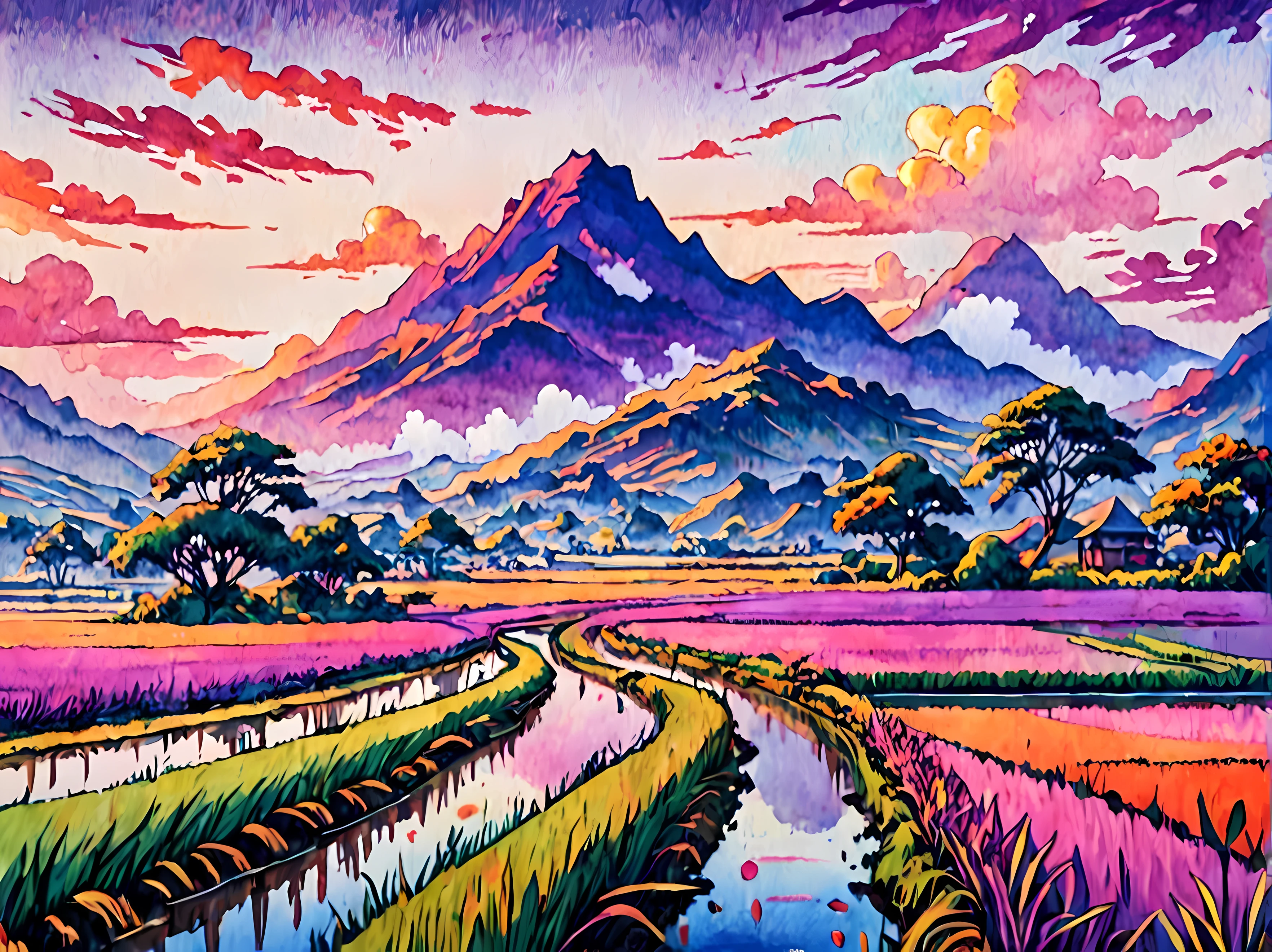 Cute anime style, a mesmerizing watercolor painting with dark words ((("Rest Well My Queen!"))) elegantly integrated in the upper part of the image and blending seamlessly with the clouds, vast rice paddy field at captivating dawn, the sky is painted with hues of orange, pink and purple, casting a warm glow over the landscape, the rice plants sway gently in the breeze, majestic mountains loom on the horizon, the reflection of the sky in the water-filled paddies, tranquil and serene atmosphere, dreamy, masterpiece in maximum 16K resolution, superb quality. | More_Detail
