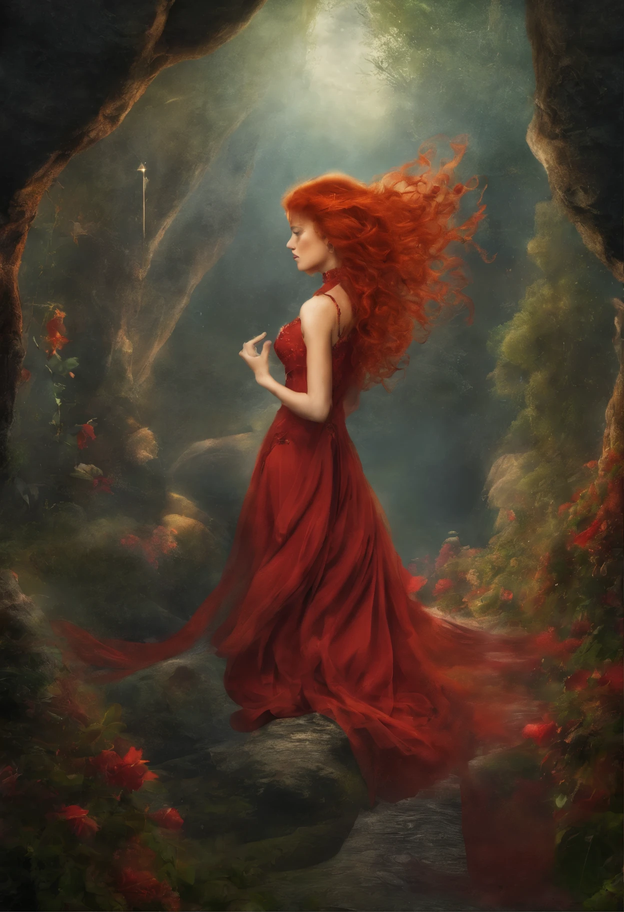 A Red Hair Woman next to a Clift, Dawn, photoreal