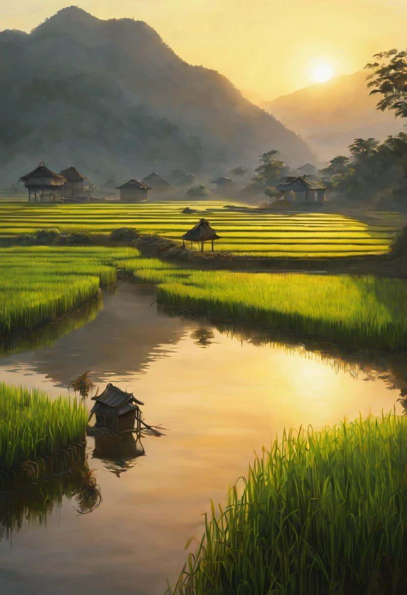 Realistic oil painting of a traditional Asian rice paddy at sunrise, golden light casting long shadows, farmers beginning their day, mist rising from the warm water, reflections of the surrounding mountains, Nikon D3, Focal length 35mm, aesthetic