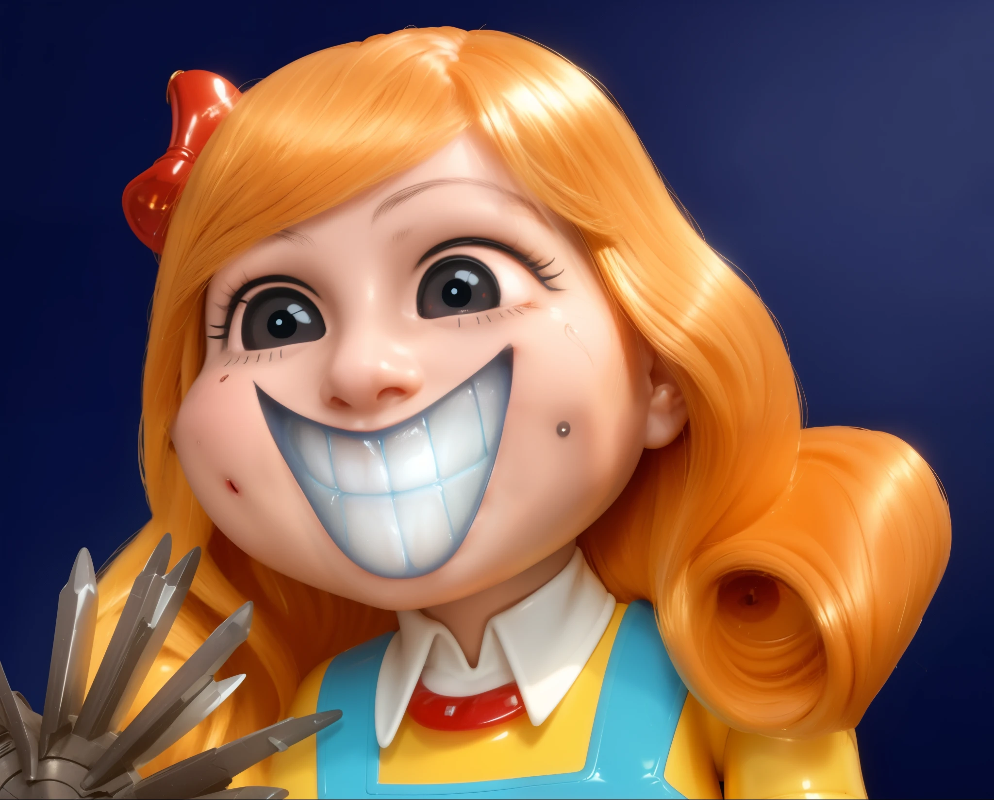 cartoon doll girl portrait, doll, game character, videogame character, creepy doll, large creepy smile, doll with creepy smile and red eyes, insane, doll toy, glossy texture, smooth 3d model, multiple light sources, rim light, sharp post effects render, (glossy plastic texture with multiple big light probe refractions), perfect cgi, smooth silhouette, high intensity refraction, (super glossy material), most beautiful vfx, blue background, plastic refractions, realistic, 4k, high resolution, rim light
